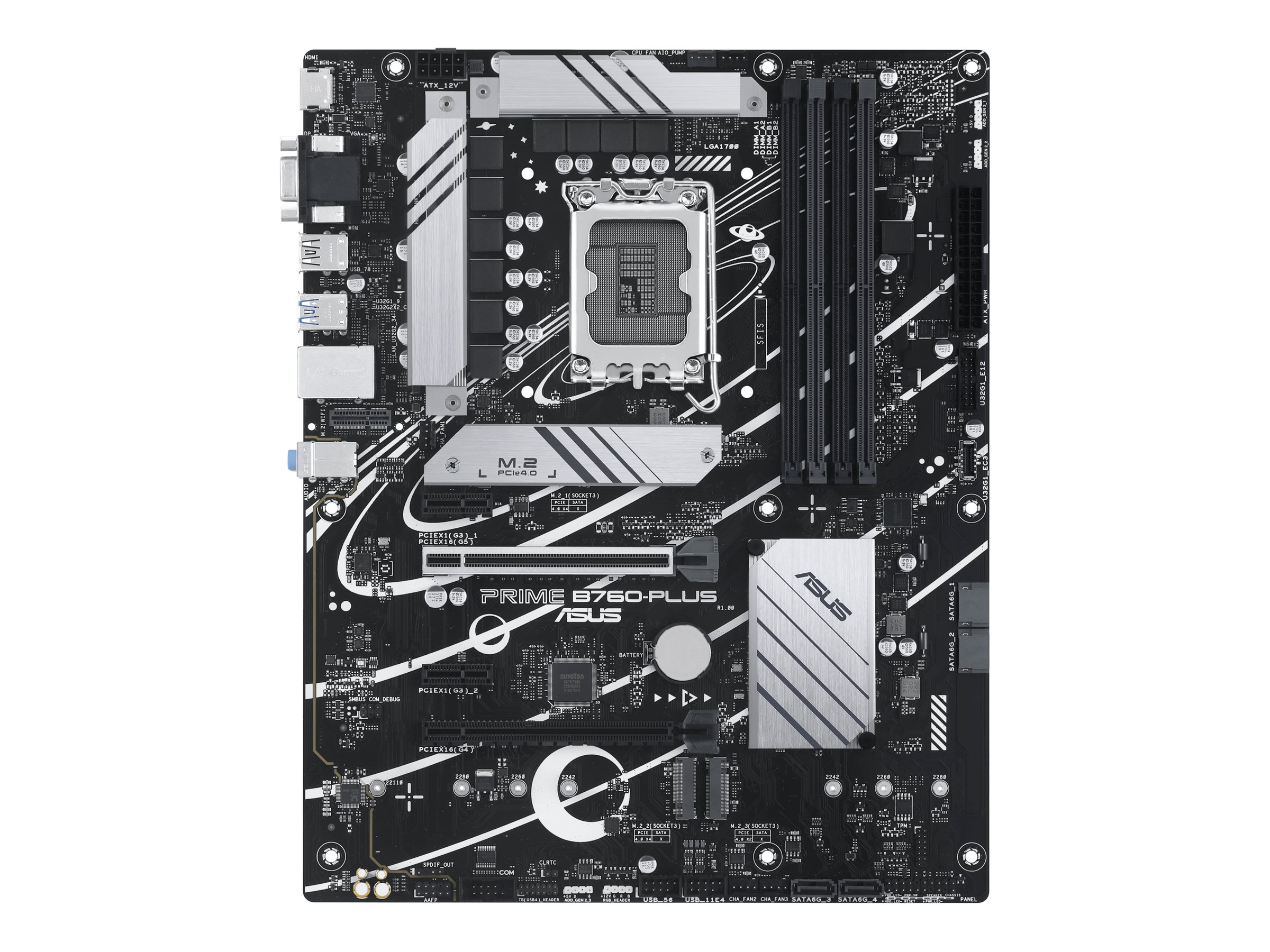 A black ASUS Prime B760-PLUS motherboard surface with silver heatsinks and many ports.