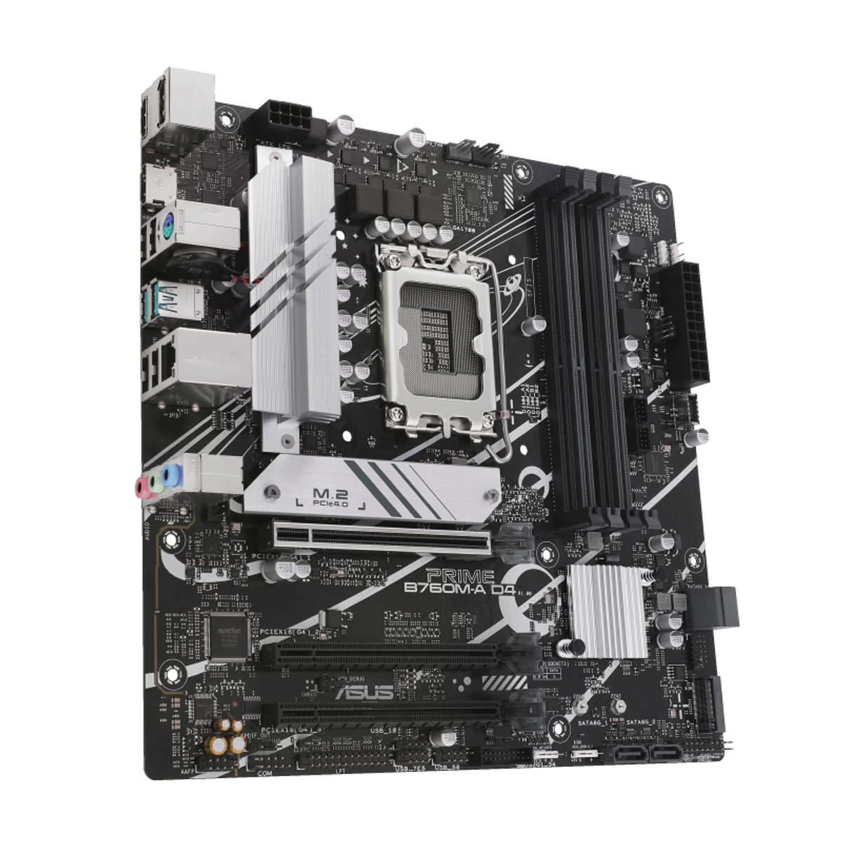 A black ASUS PRIME B760M-A D4 motherboard with silver heatsinks and CPU socket.