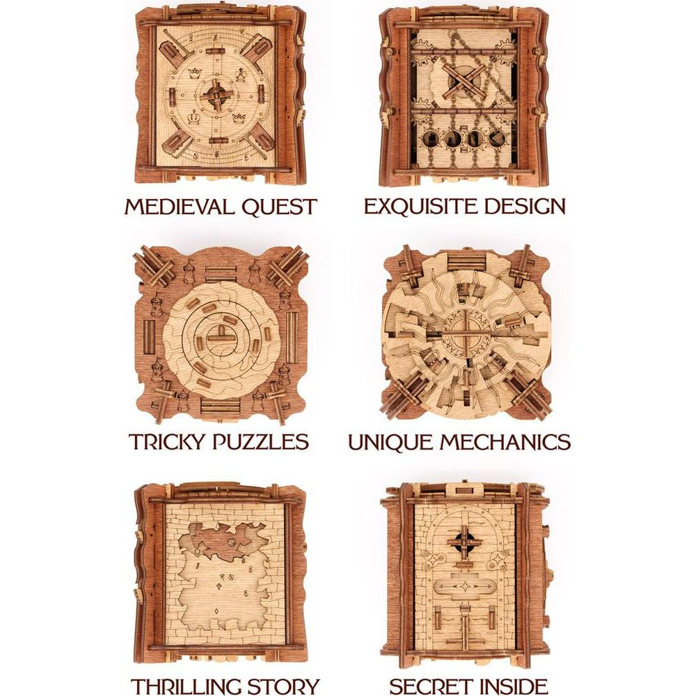 Seis diseños de rompecabezas 3D de madera: Búsqueda Medieval, Diseño Exquisito, Acertijos Difíciles, Mecánicas Únicas, Historia Emocionante, Secreto Interior.