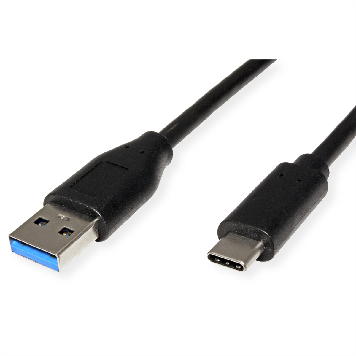 Schwarzes USB-Kabel mit Typ-A- und Typ-C-Anschlüssen, weißer Hintergrund.