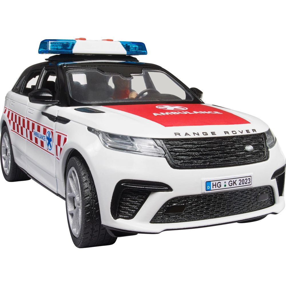 Ein weißer Range Rover als Spielzeug-Rettungswagen mit blauen Blaulichtern.