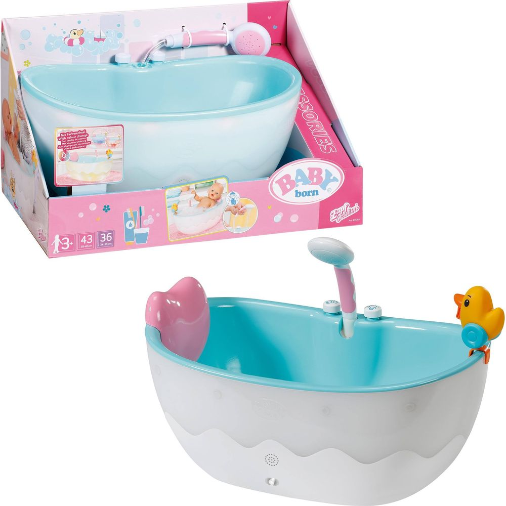 Bañera Baby Born con pato y alcachofa. Cuenco azul, base blanca.