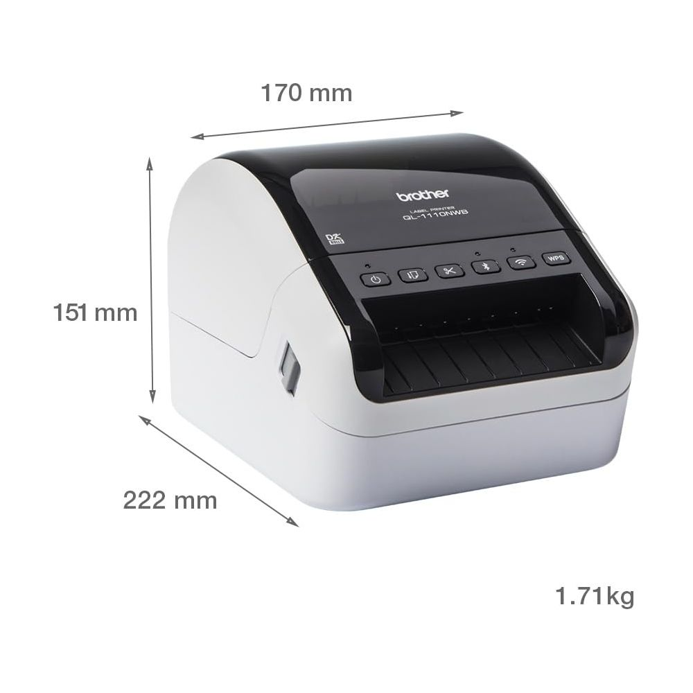Biała drukarka etykiet Brother z czarnymi akcentami, wymiary 222x170x151mm, 1.71kg.