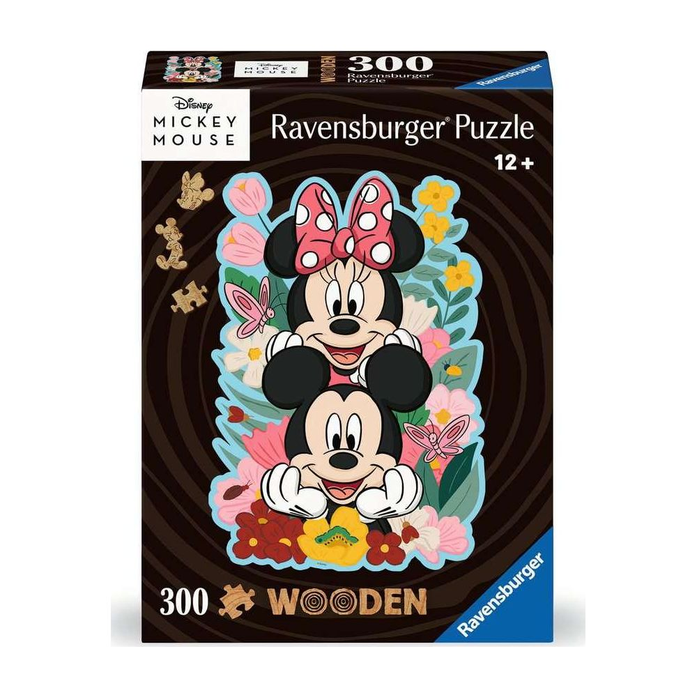 Myszka Miki i Minnie na pudełku drewnianej układanki Ravensburger 300 elementów.