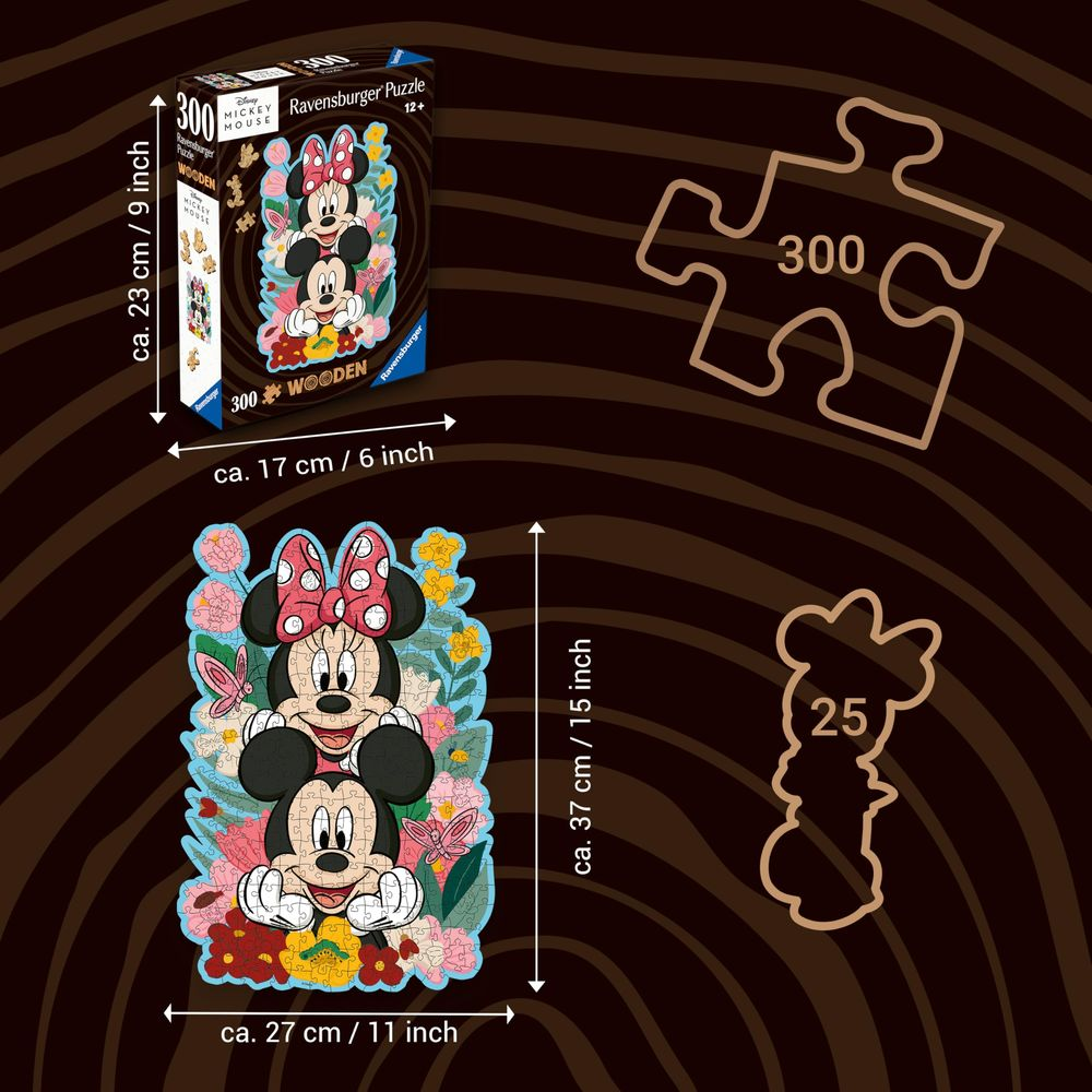 Puzzle Myszka Miki i Minnie w pudełku i złożone, z wymiarami.