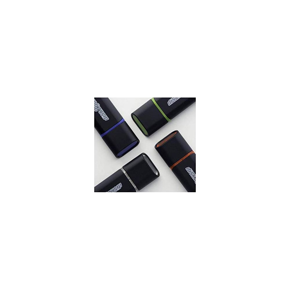 Quattro chiavette USB nere con cappucci colorati: blu, verde, arancione, argento.