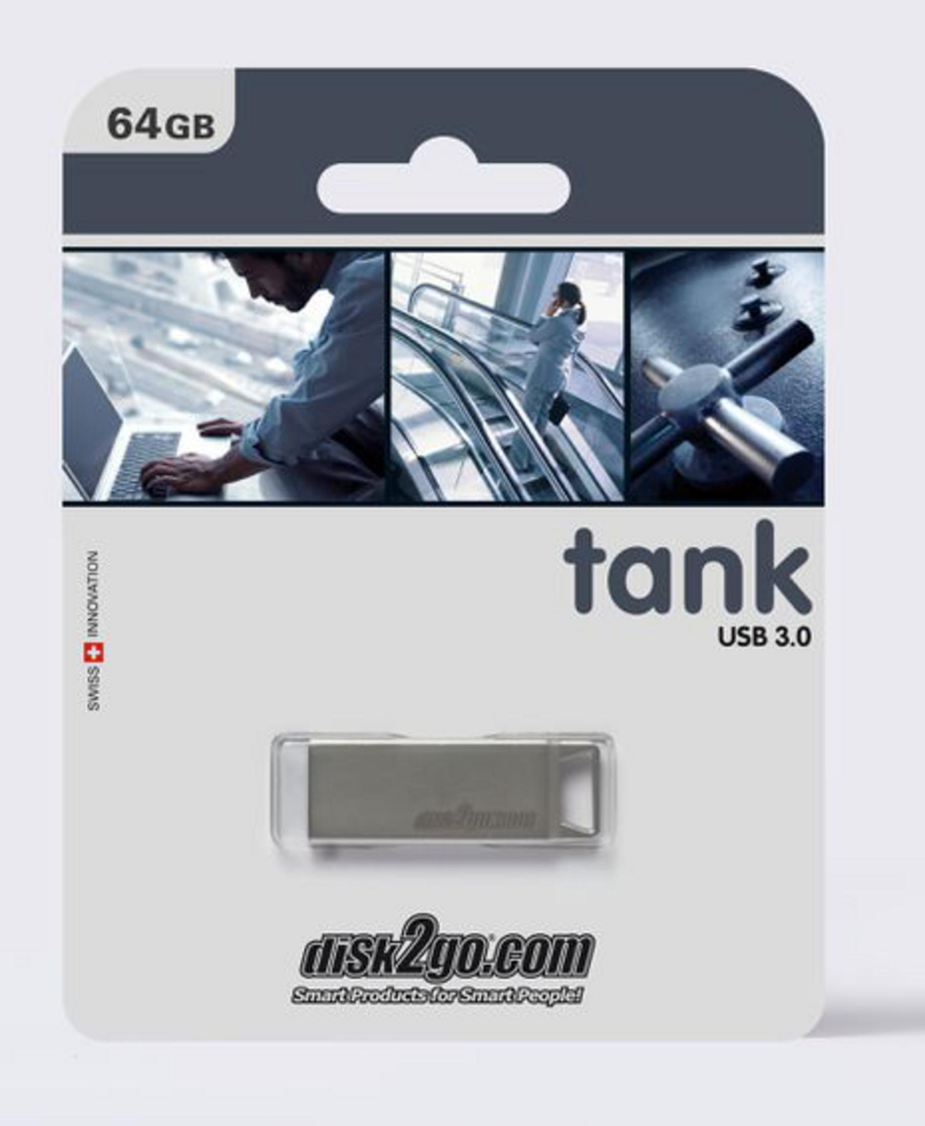 Clé USB 3.0 Tank 64 Go dans emballage argenté avec Swiss Innovation.