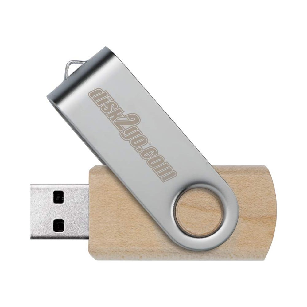 Une clé USB avec boîtier en bois et curseur argenté "disk2go.com".