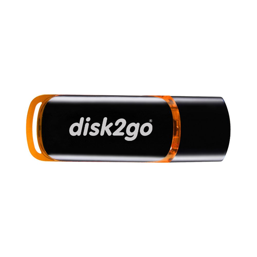 Clé USB noire avec anneau et logo orange.