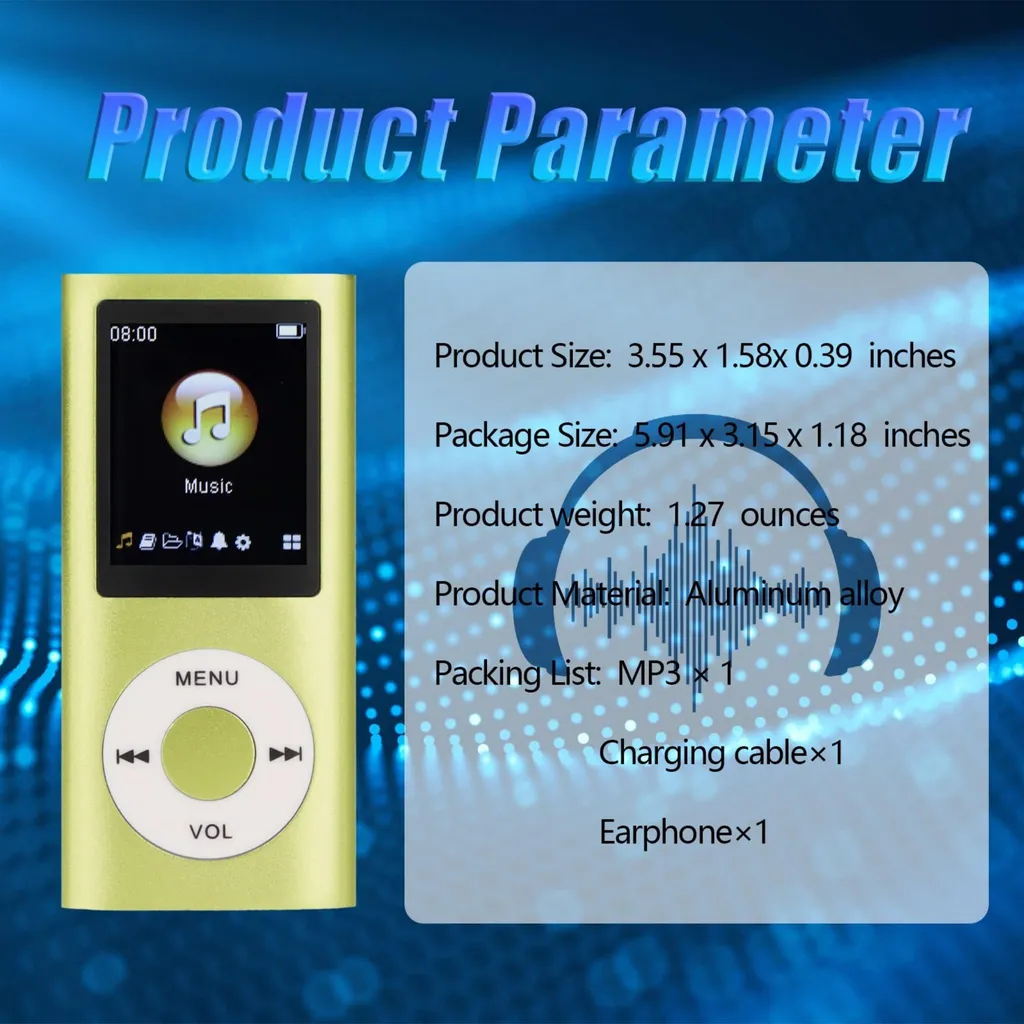 Ein grüner MP3-Player mit Kopfhörern und Produktdaten.