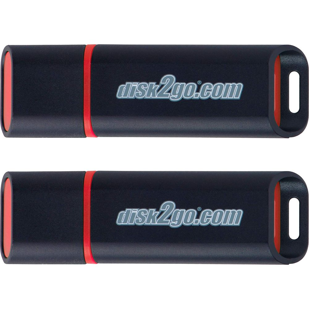 Due chiavette USB nere con accenti rossi e la scritta "disk2go.com", disposte orizzontalmente su uno sfondo bianco.