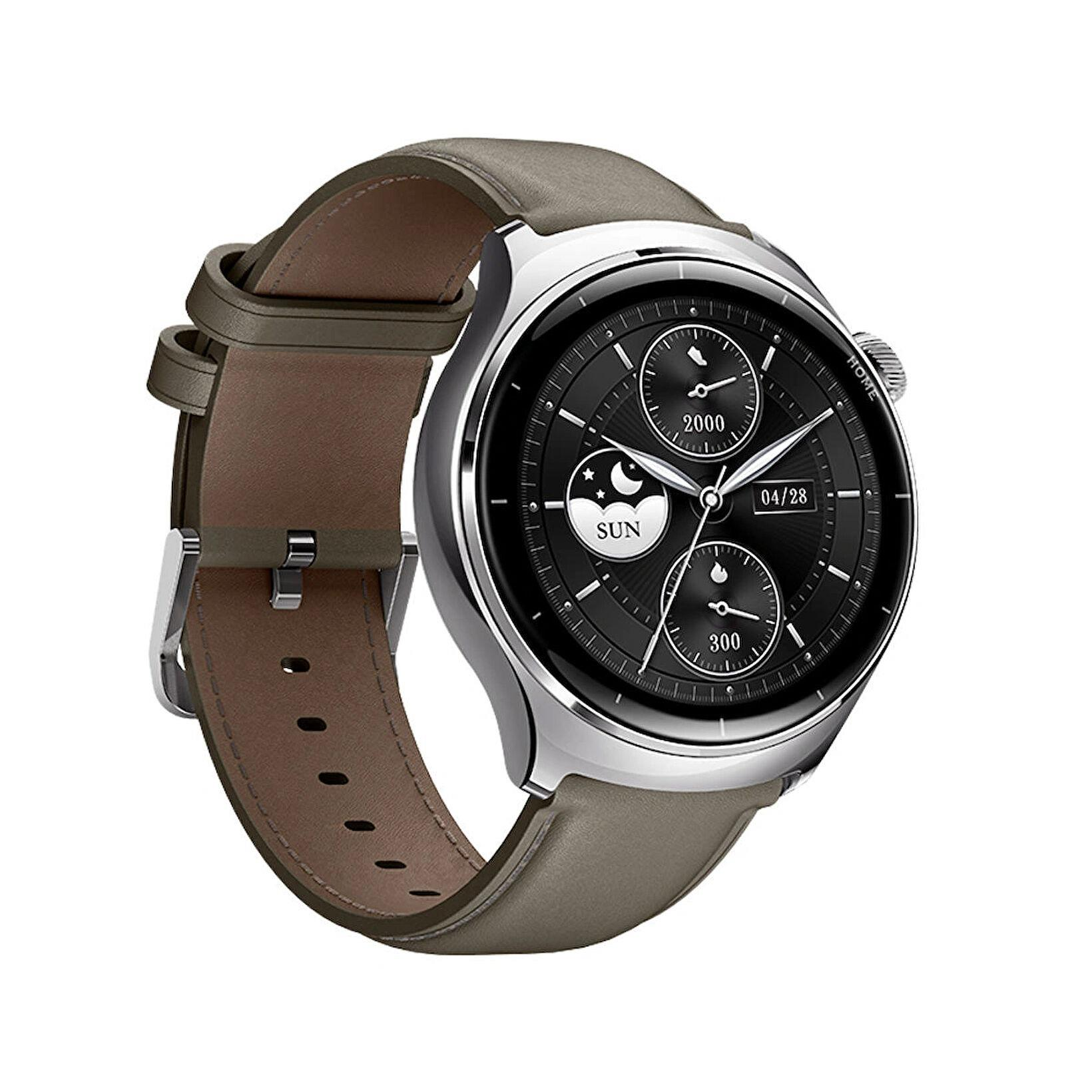 Uno smartwatch grigio con cinturino in pelle marrone e quadrante nera.