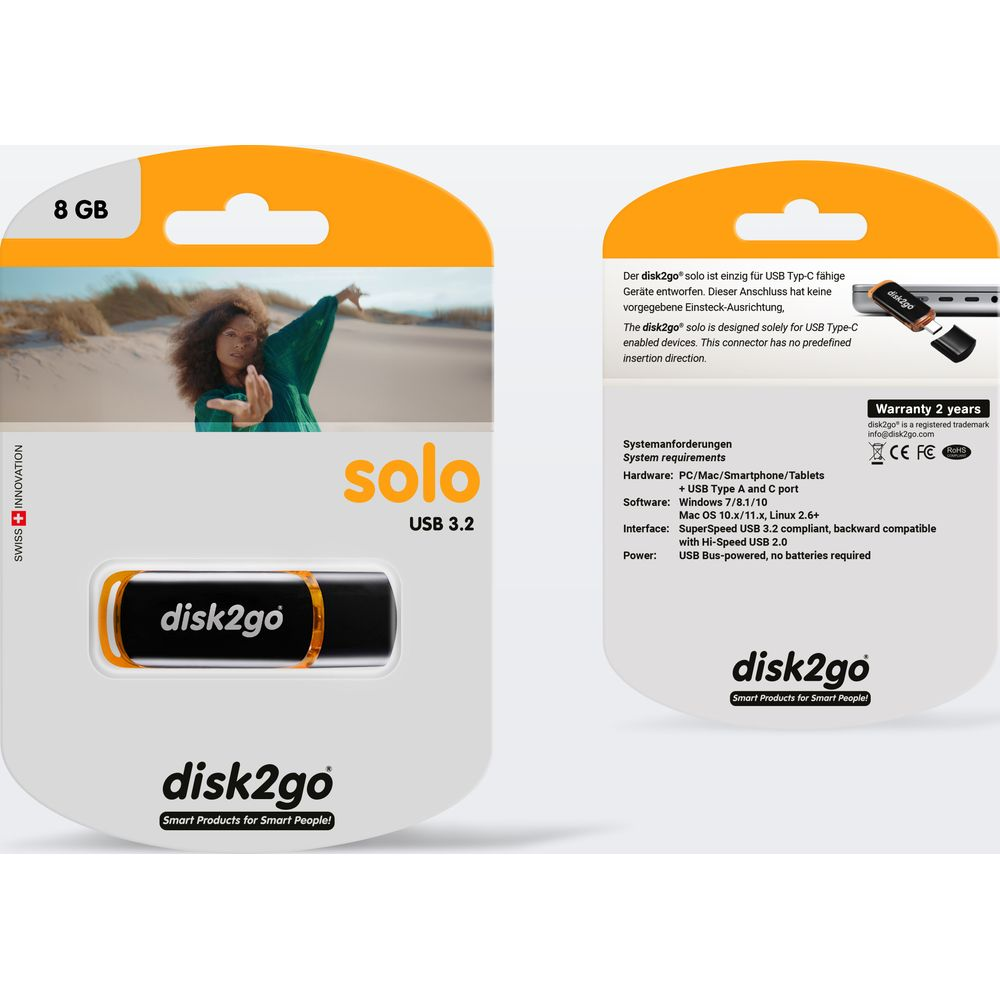Verpackung eines 8 GB USB-C-Sticks von disk2go mit Produktbild und technischen Details.