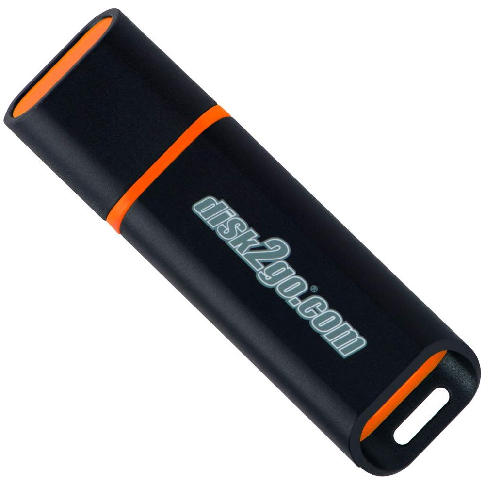 Clé USB noire avec accents orange et le logo "disk2go.com".