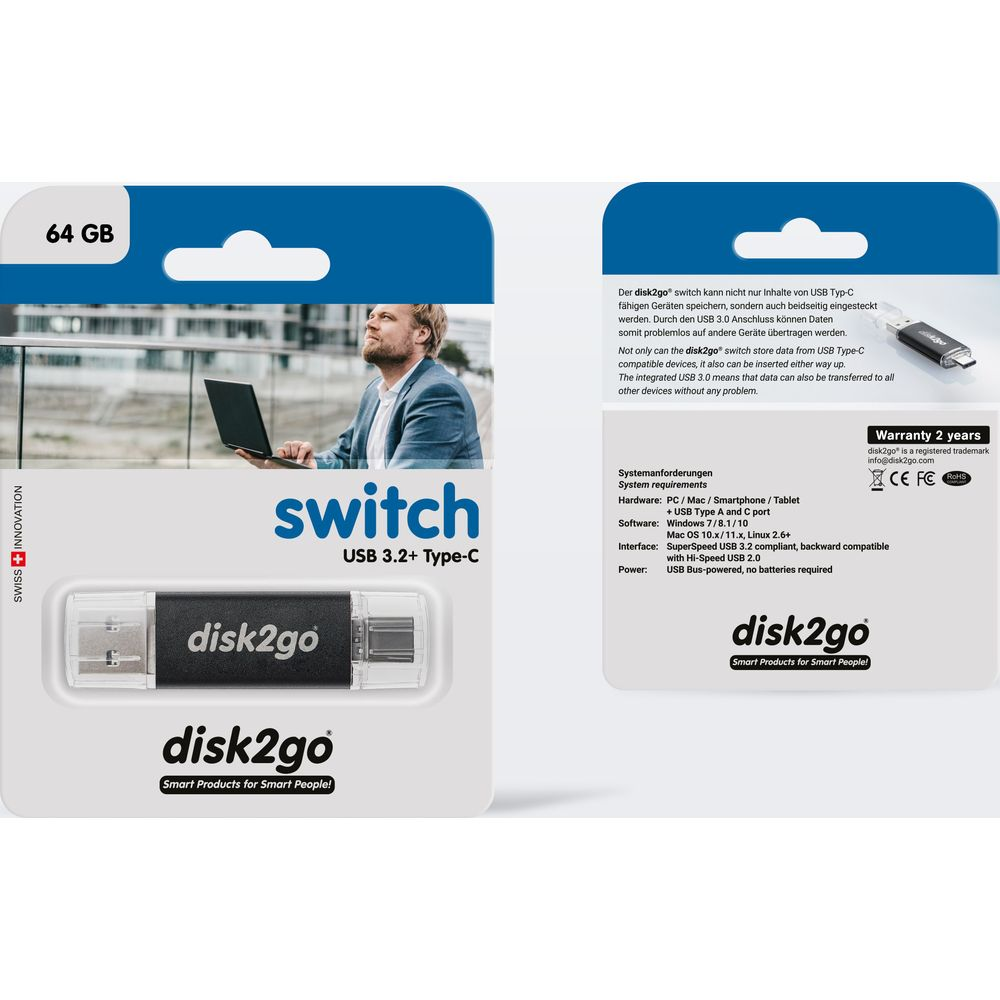 Stockage USB-C 64 Go avec connecteurs doubles et informations.