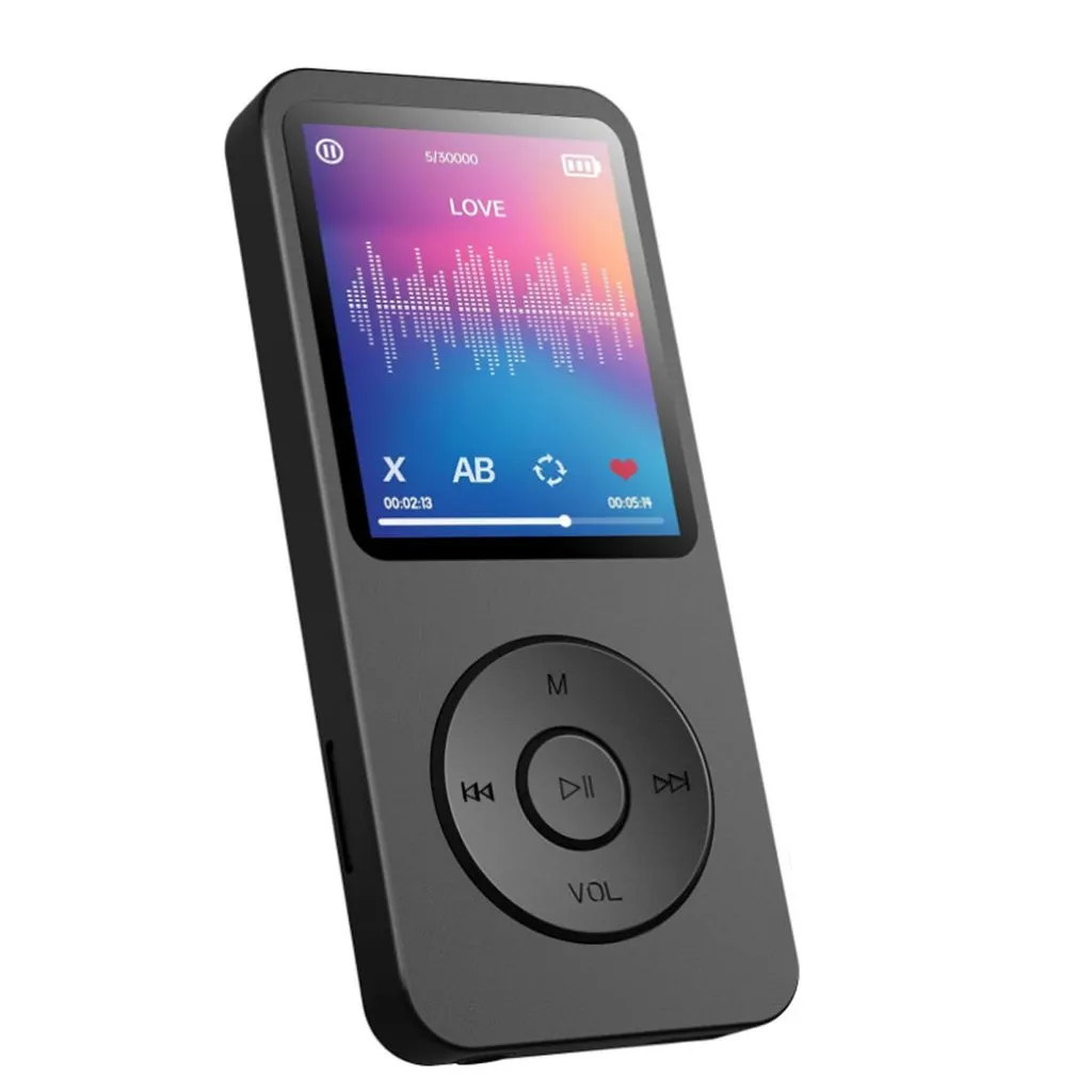 Schwarzer MP3-Player mit Bildschirm, der Wellenformen und Songtitel 