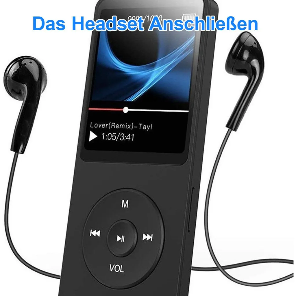 Schwarzer MP3-Player mit Kopfhörern und Songtitel.