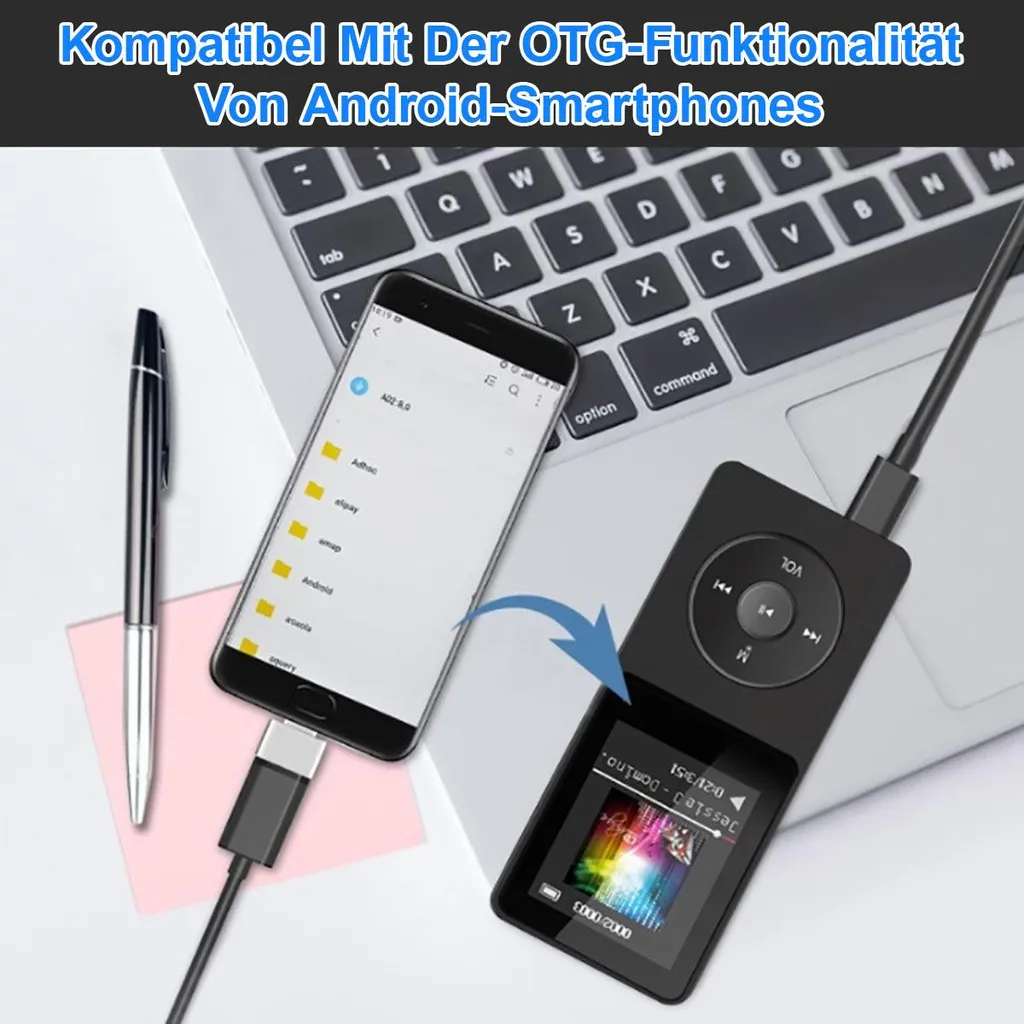 Ein Smartphone ist über OTG mit einem MP3-Player verbunden.