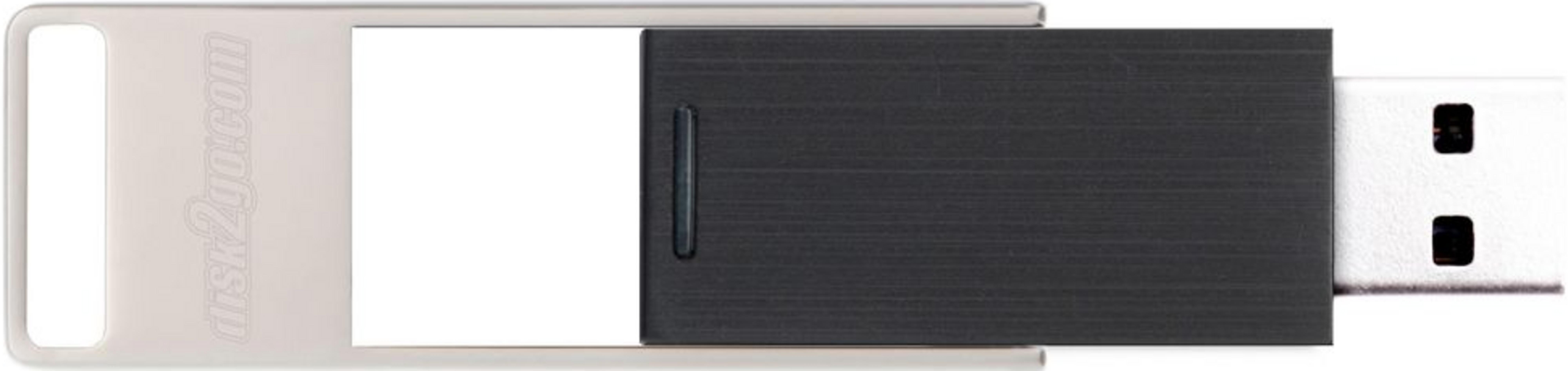 Une clé USB noire avec boîtier argenté et une boucle d'attache.