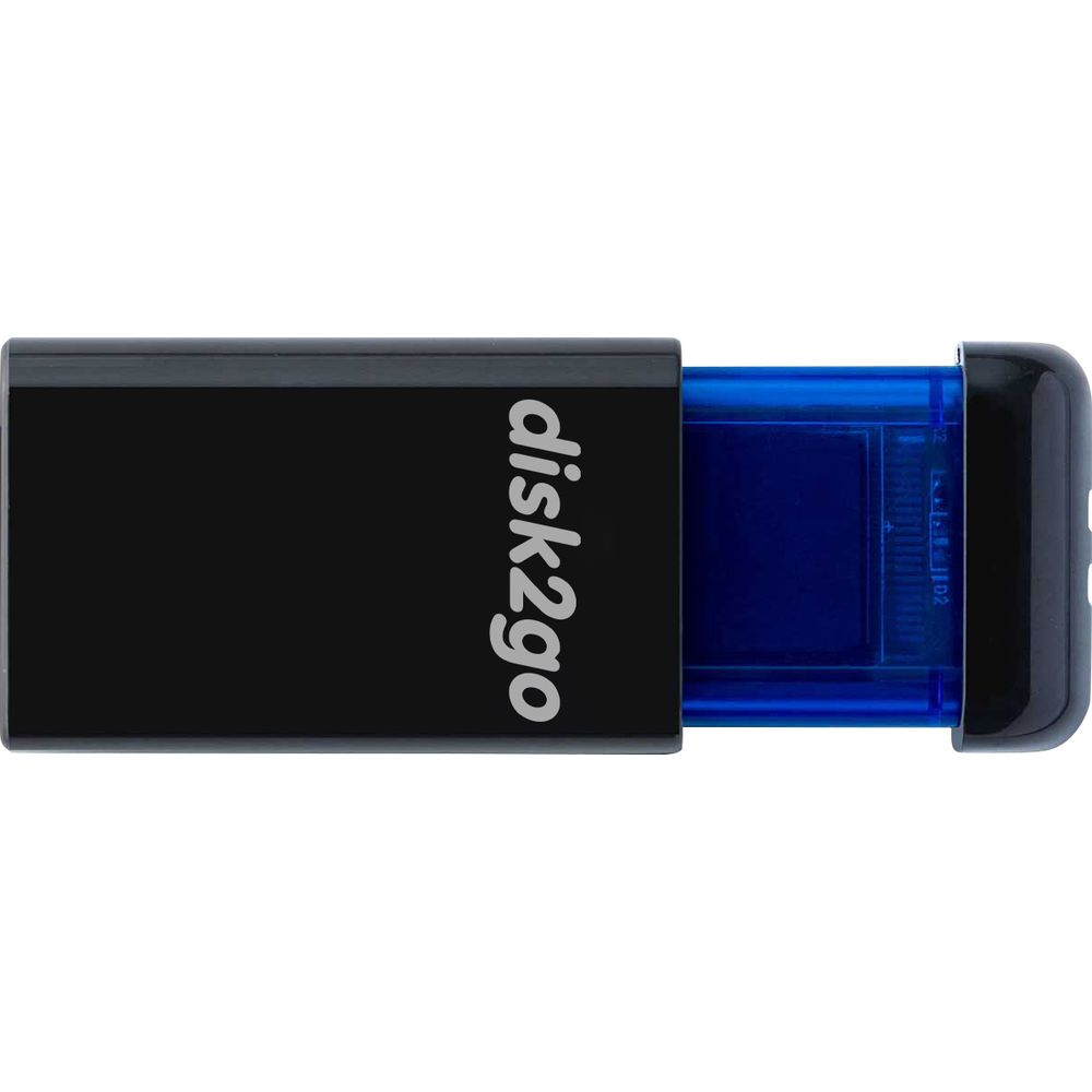 Clé USB noire avec noyau coulissant bleu, étiquetée "disk2go".