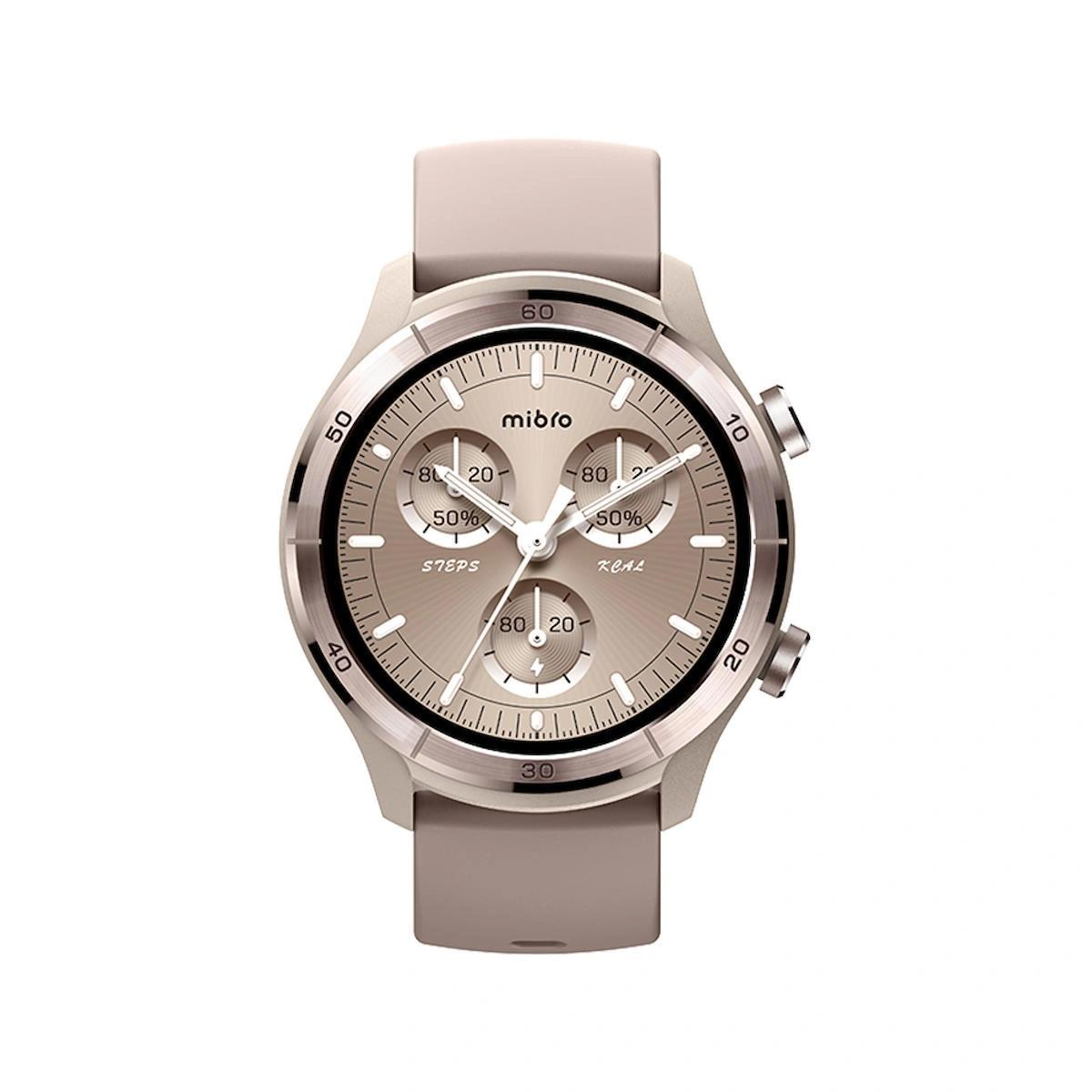 Uno smartwatch beige con quadrante rotondo e lancette argentate.