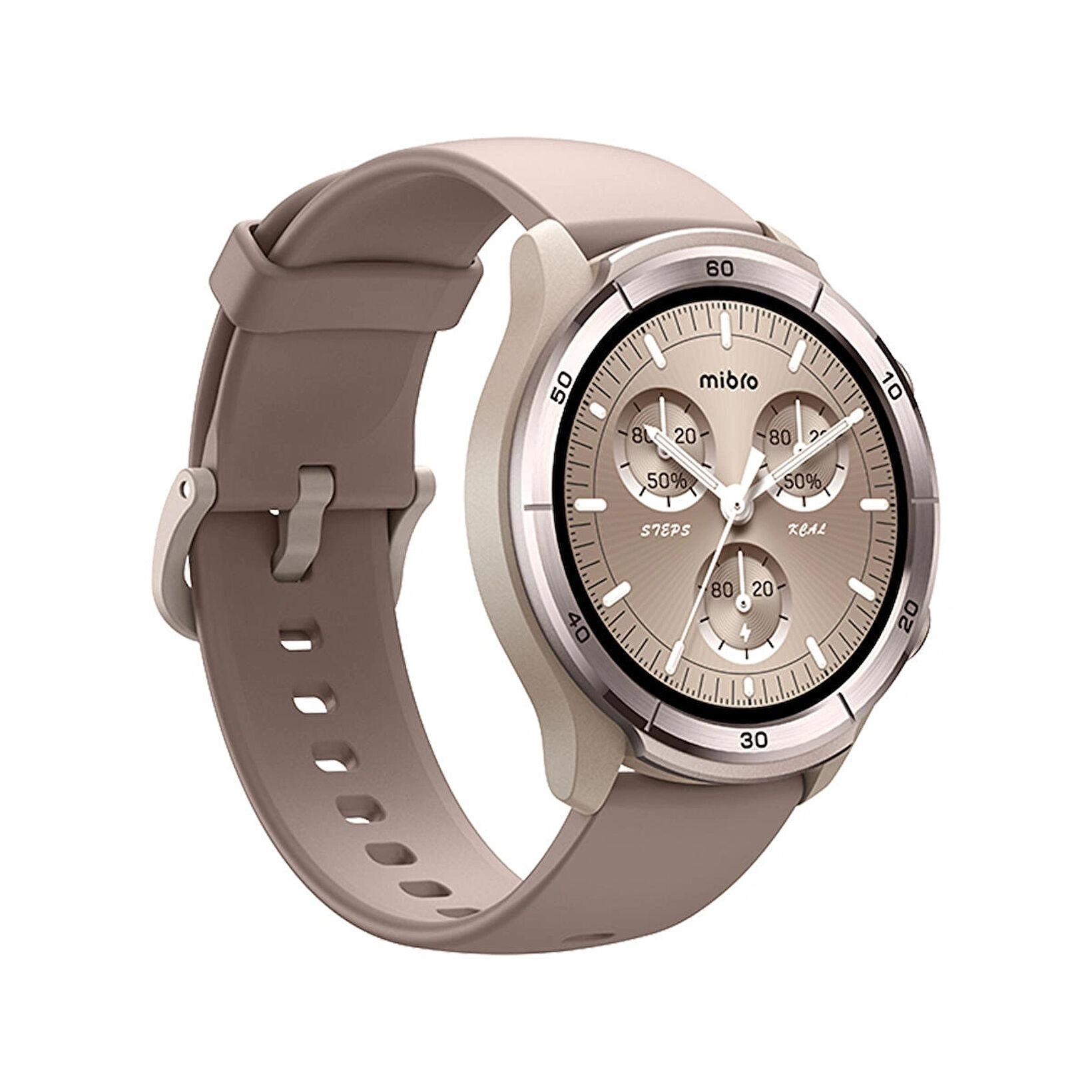 Uno smartwatch beige con quadrante rotondo e tre quadranti secondari.