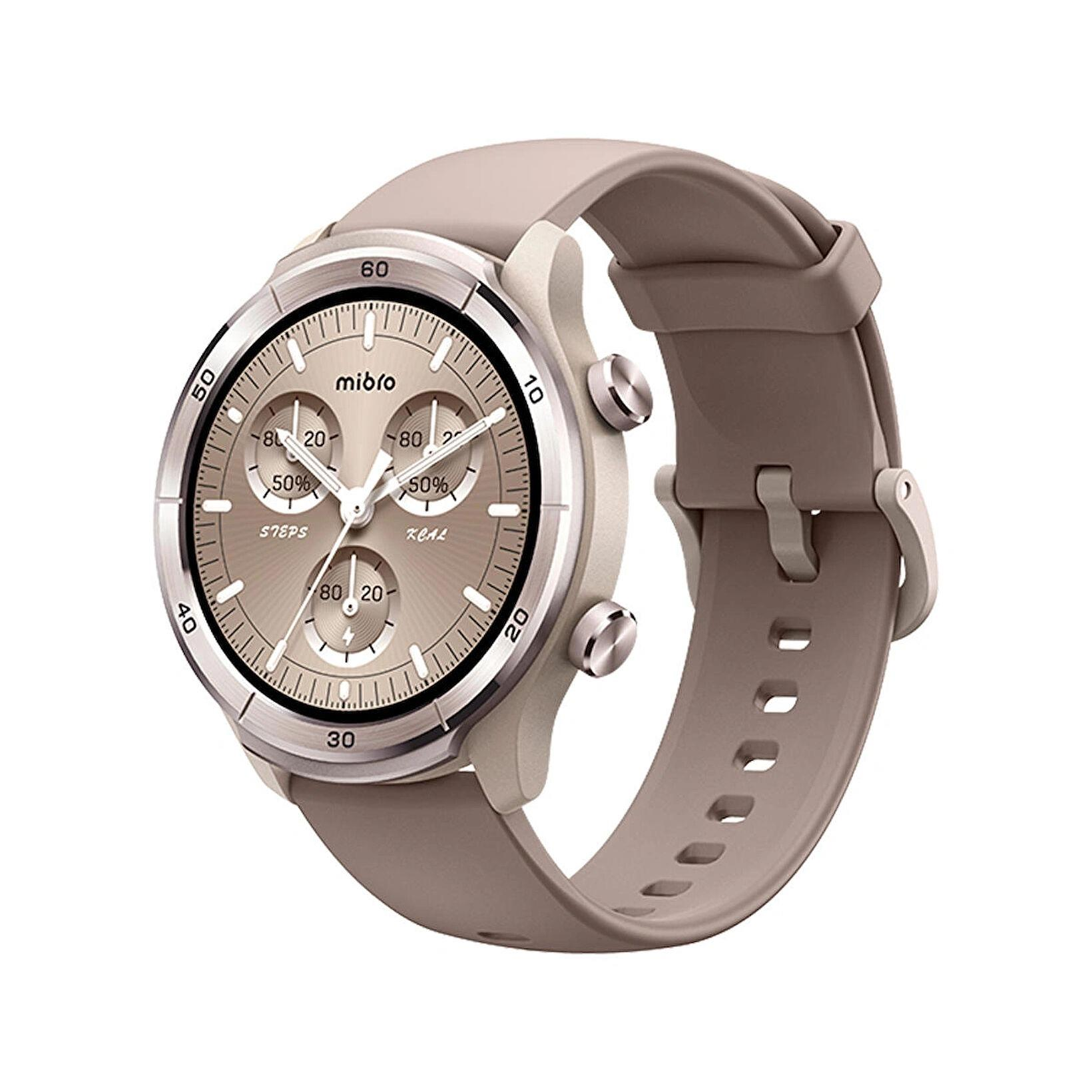 Uno smartwatch beige con quadrante rotondo e pulsanti argentati.