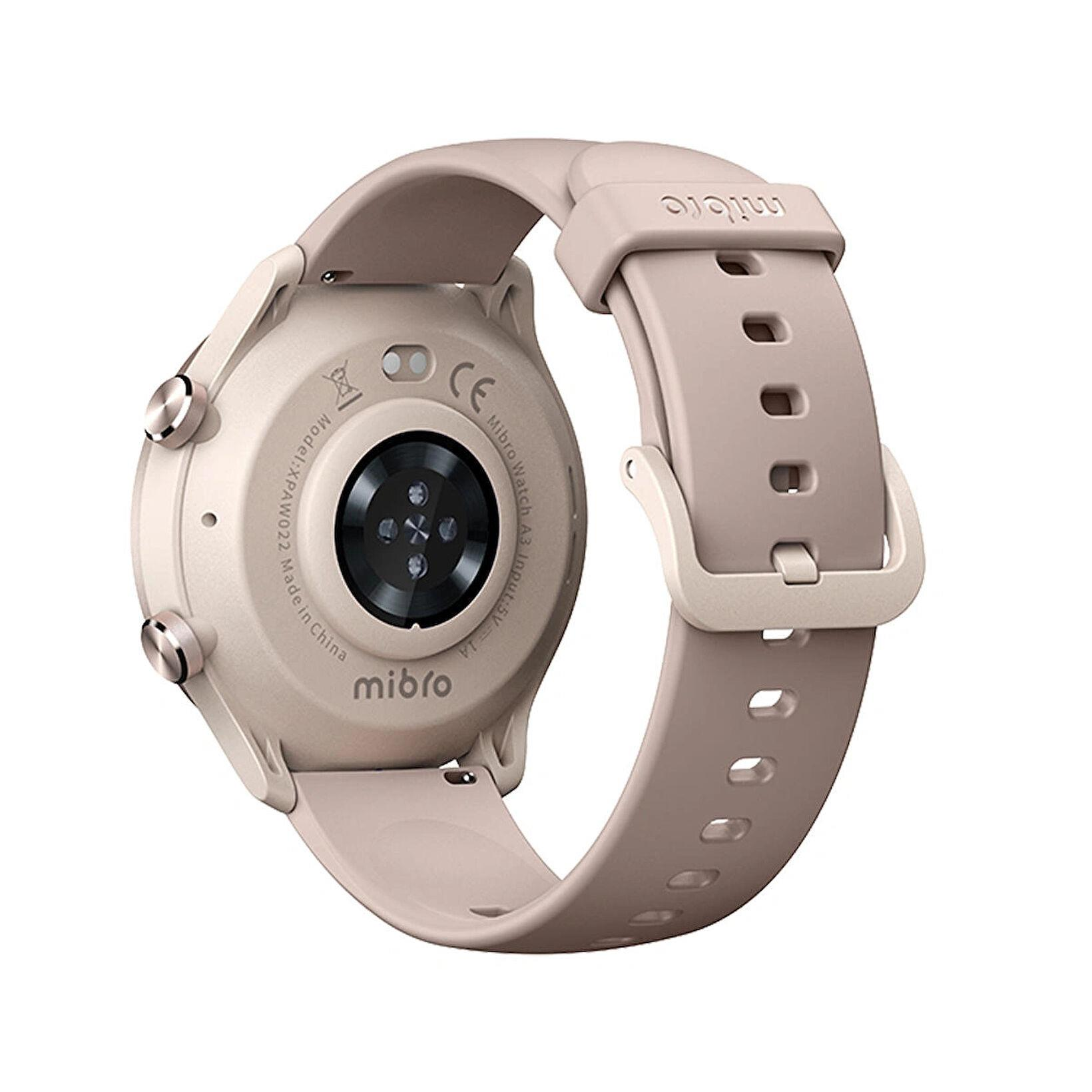 Retro di smartwatch Mibro beige con modello e marchio CE.