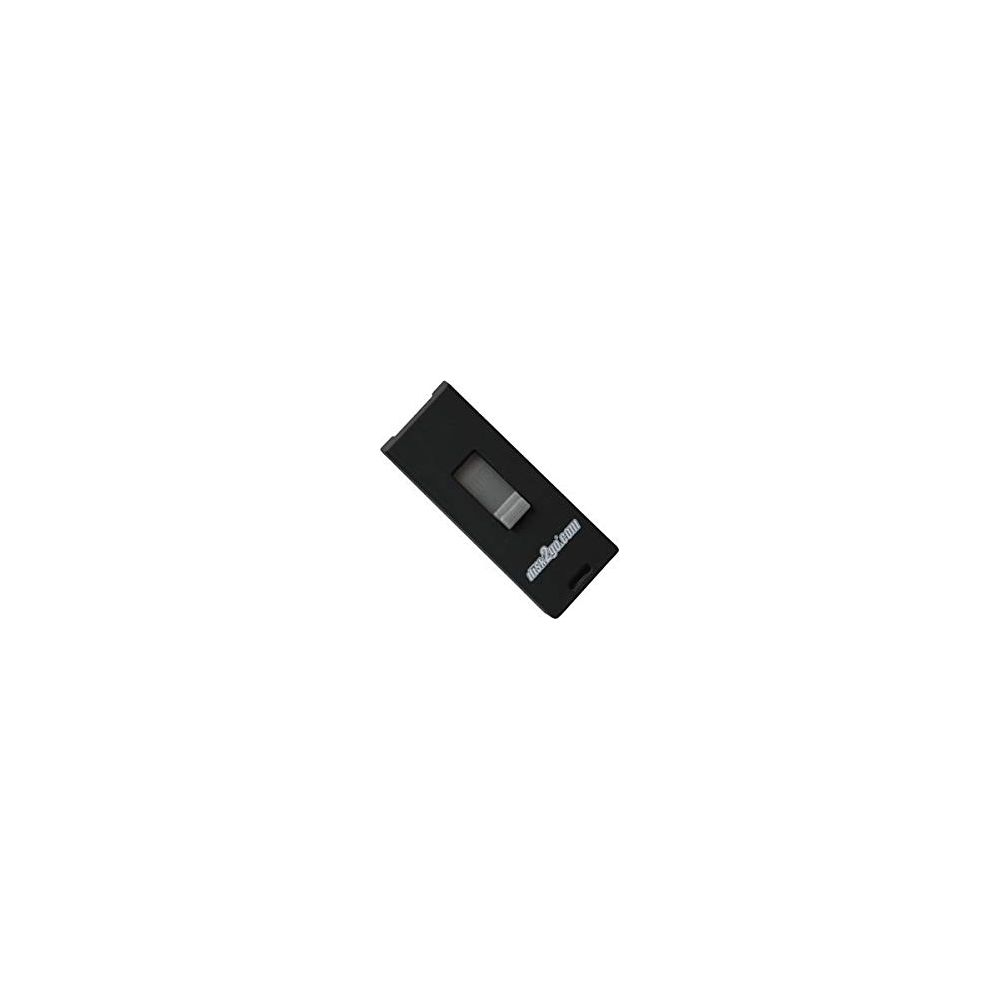 Une clé USB noire avec un curseur et un logo argentés.