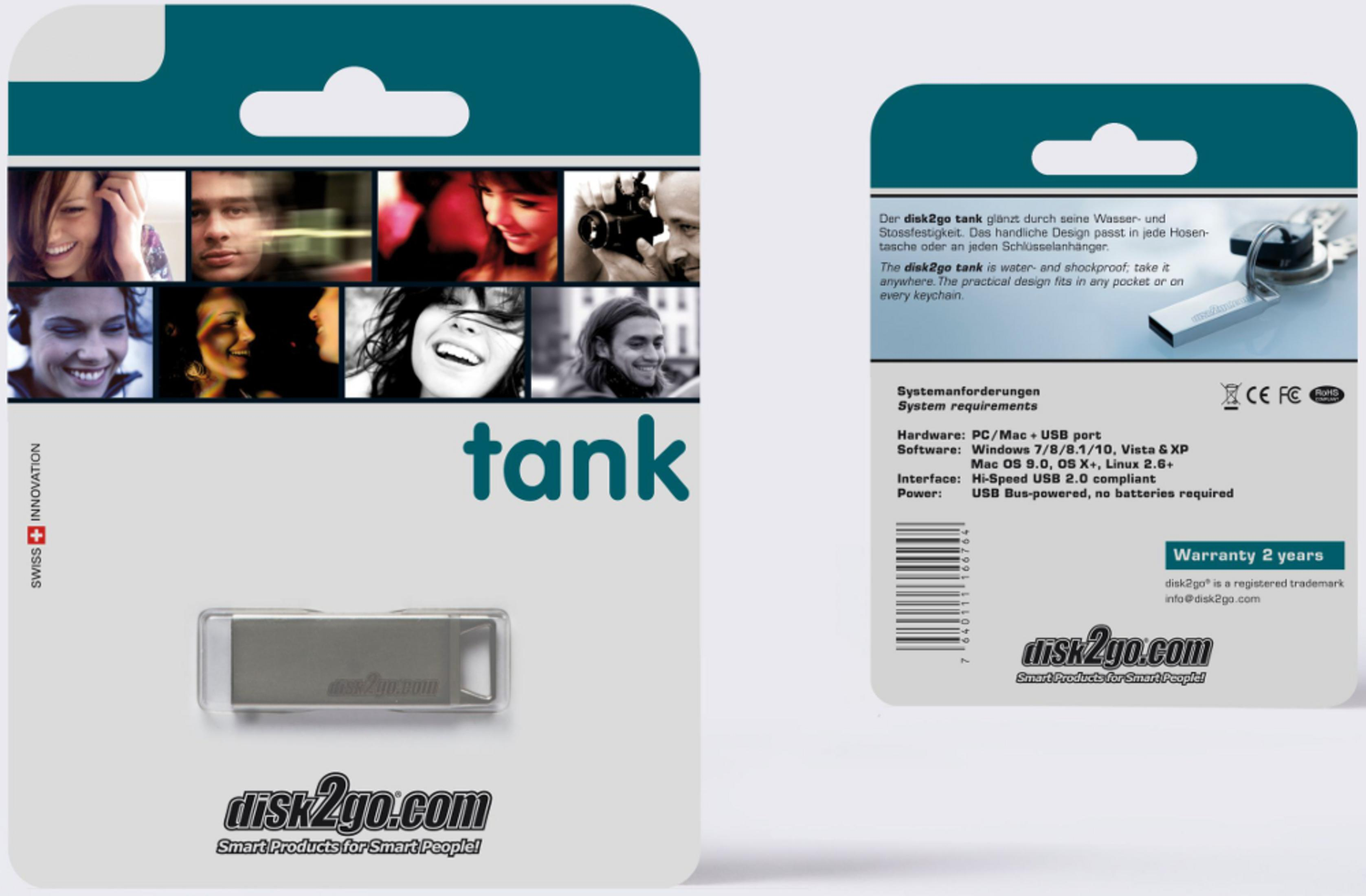 Produktverpackung mit USB-Stick, Fotos von Menschen und Text.