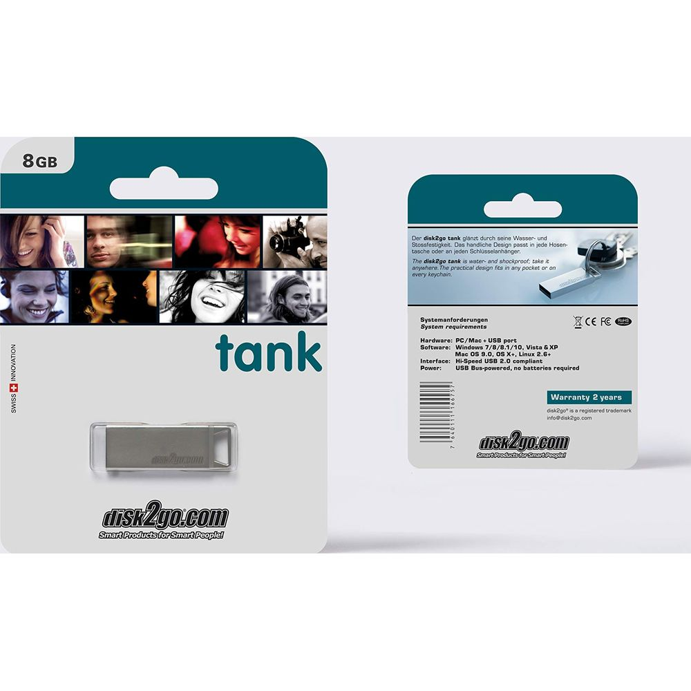 Verpackung für einen 8GB disk2go Tank USB-Stick, mit verschiedenen Benutzerbildern und Produktspezifikationen.