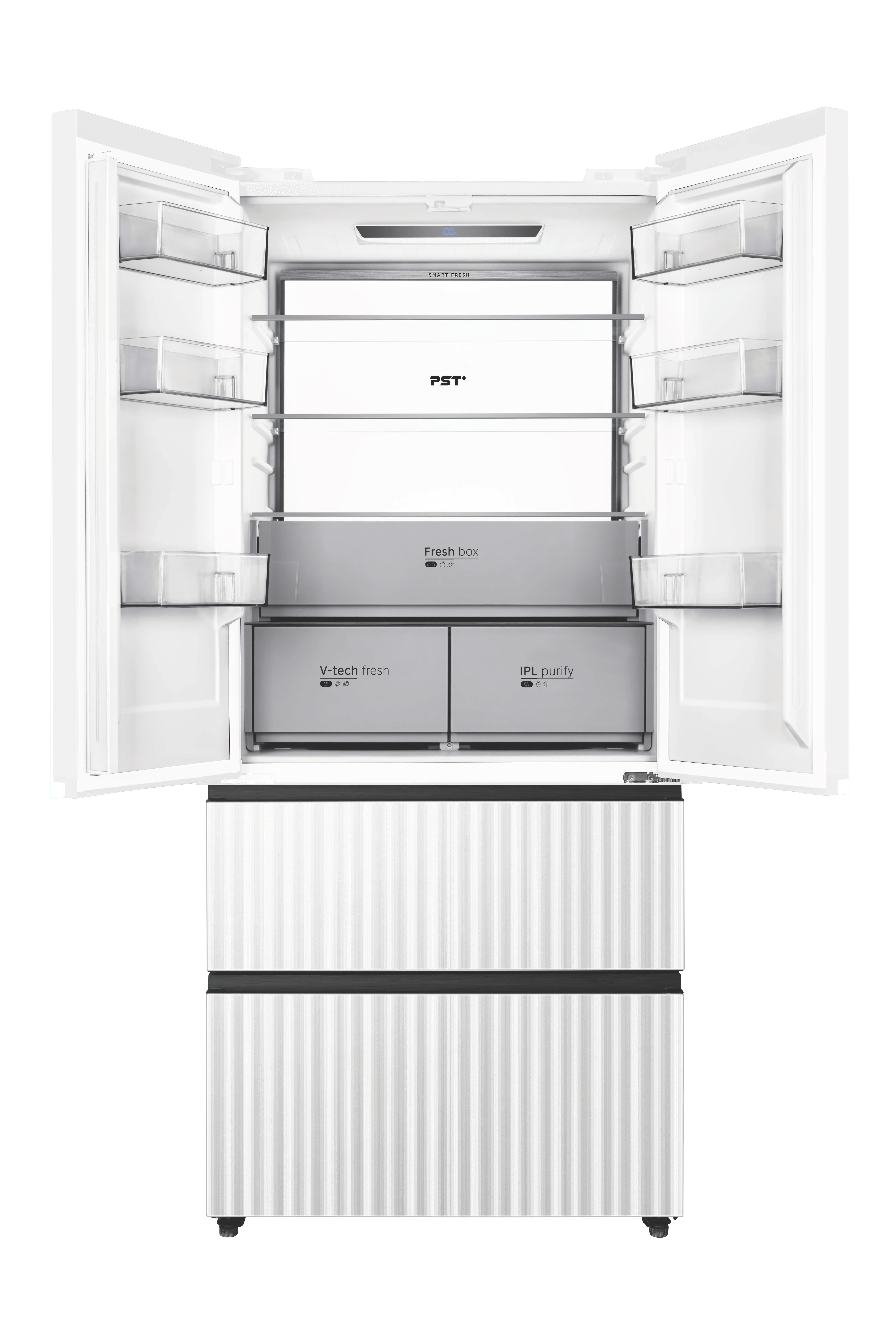 Ein weißer Kühlschrank mit offenen Türen, Innenbeleuchtung und klaren Schubladen.