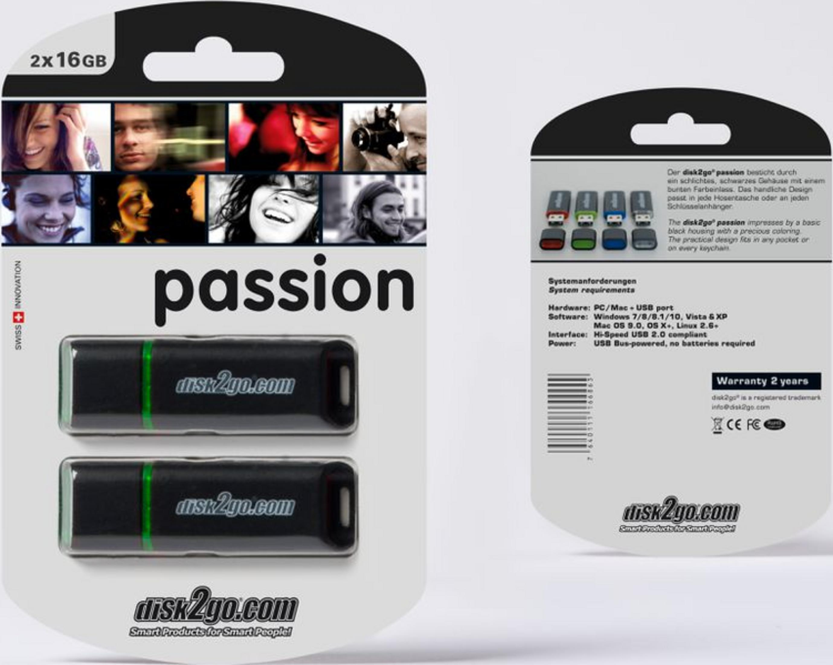 Una confezione in bianco e nero per unità USB "disk2go passion", che mostra due unità e un collage di persone.
