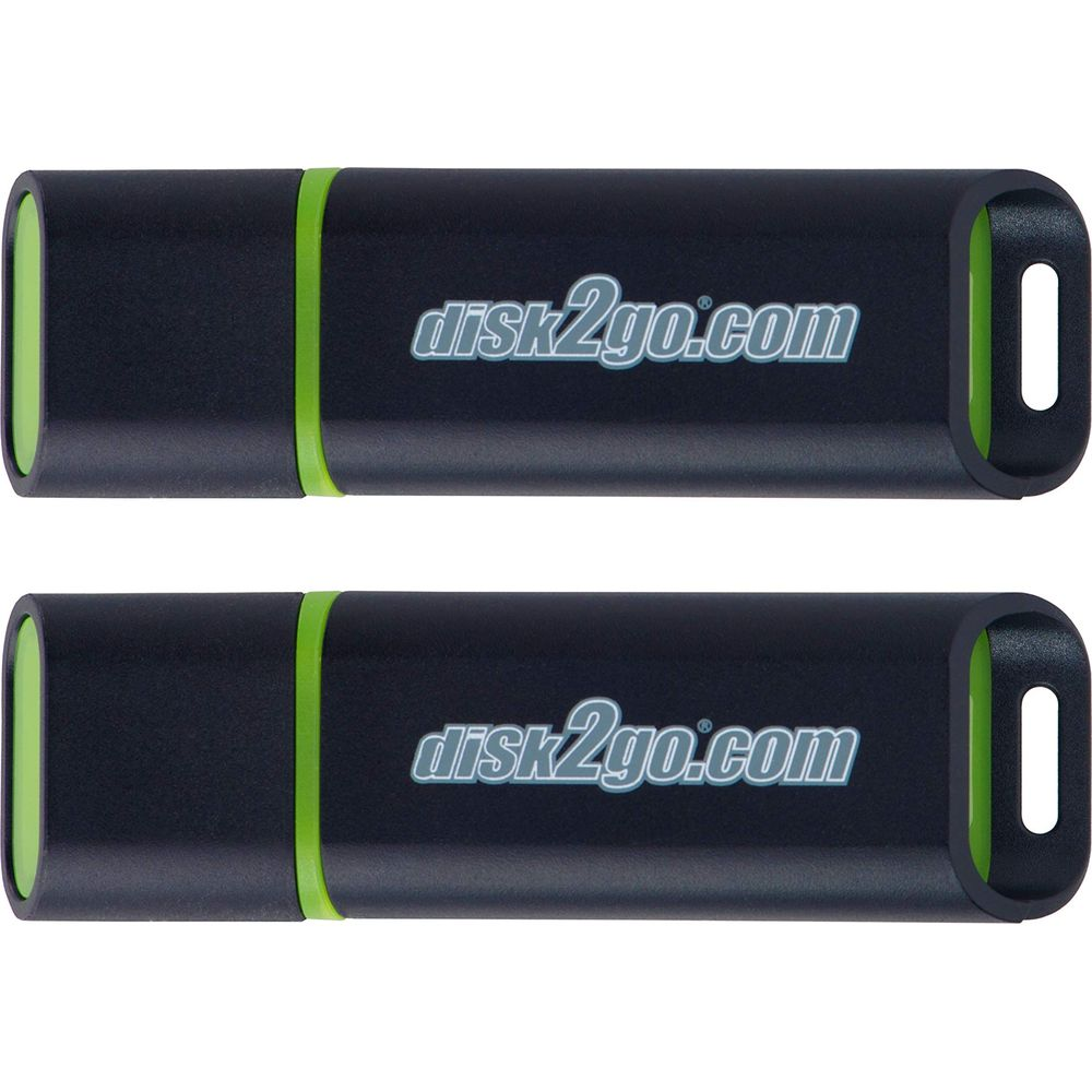 Due chiavette USB nere con accenti verdi e logo "disk2go.com".