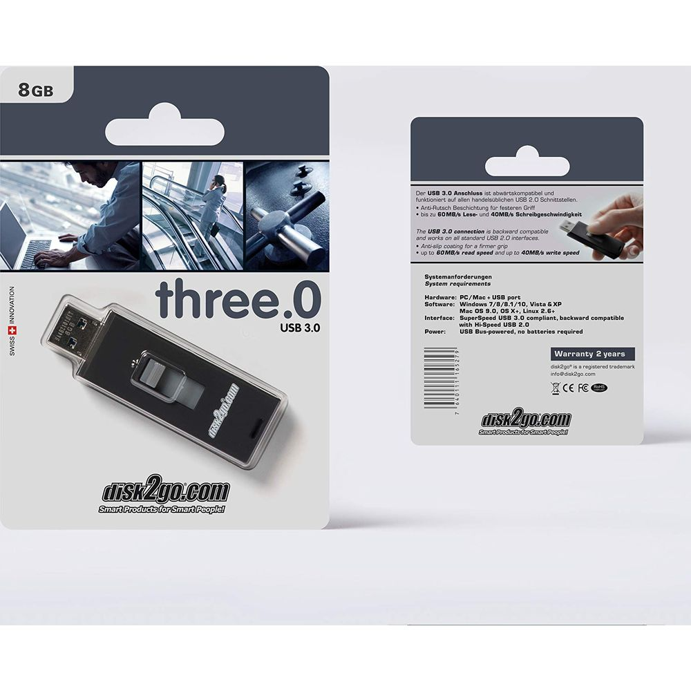 Clé USB 3.0 de 8 Go avec données et spécifications sur emballage.