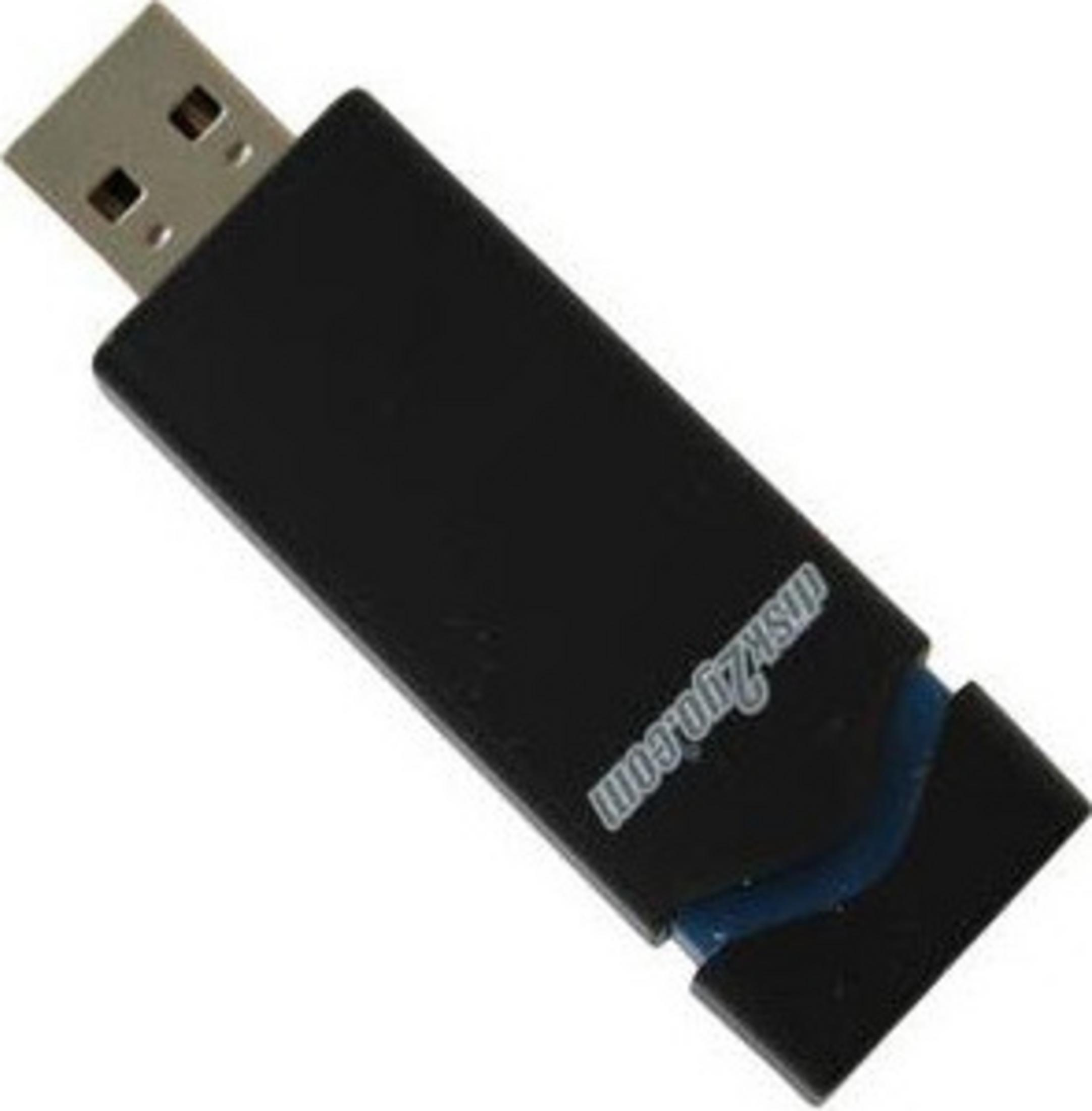 Una chiavetta USB nera con accento blu e connettore argentato.