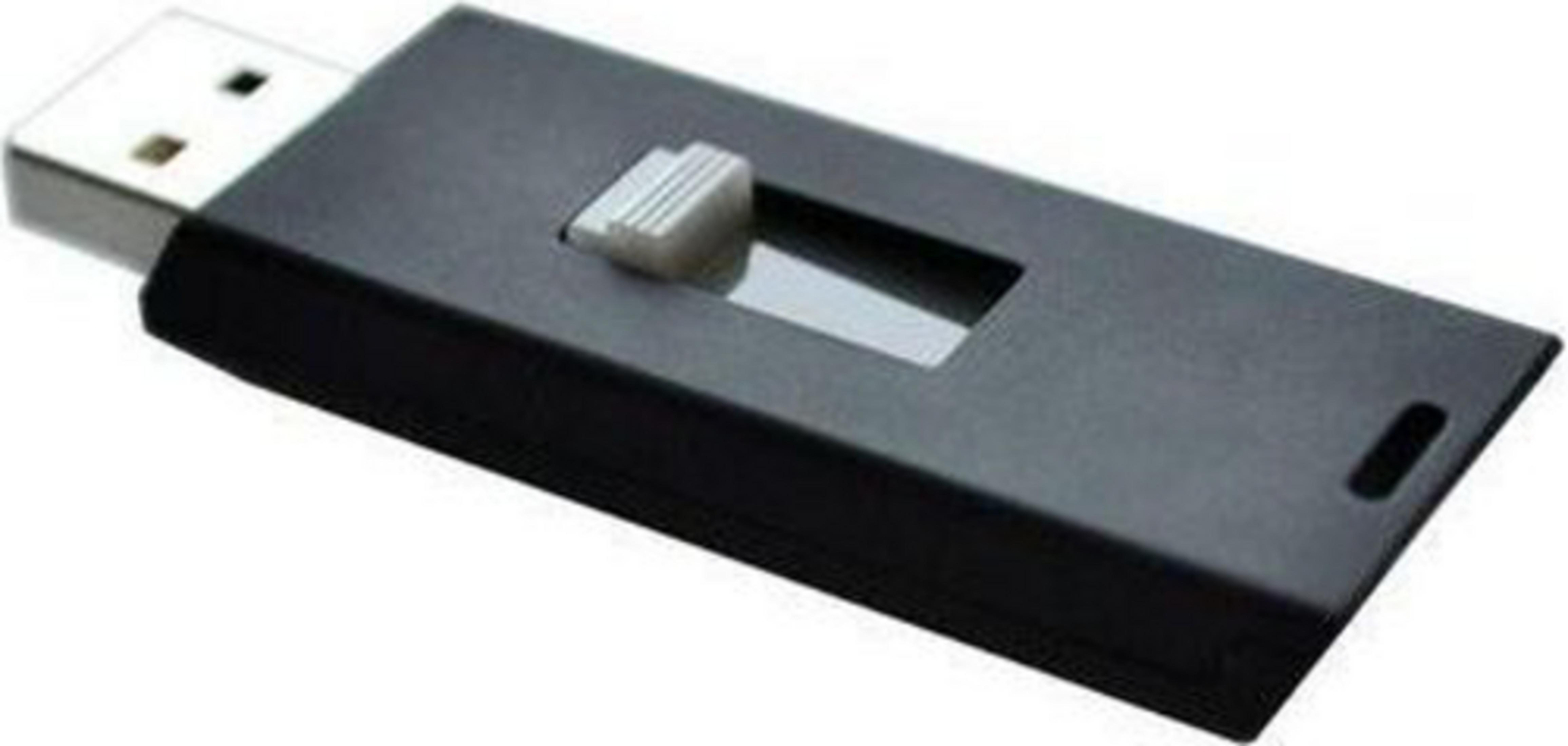 Une clé USB noire avec connecteur rétractable et rainures.
