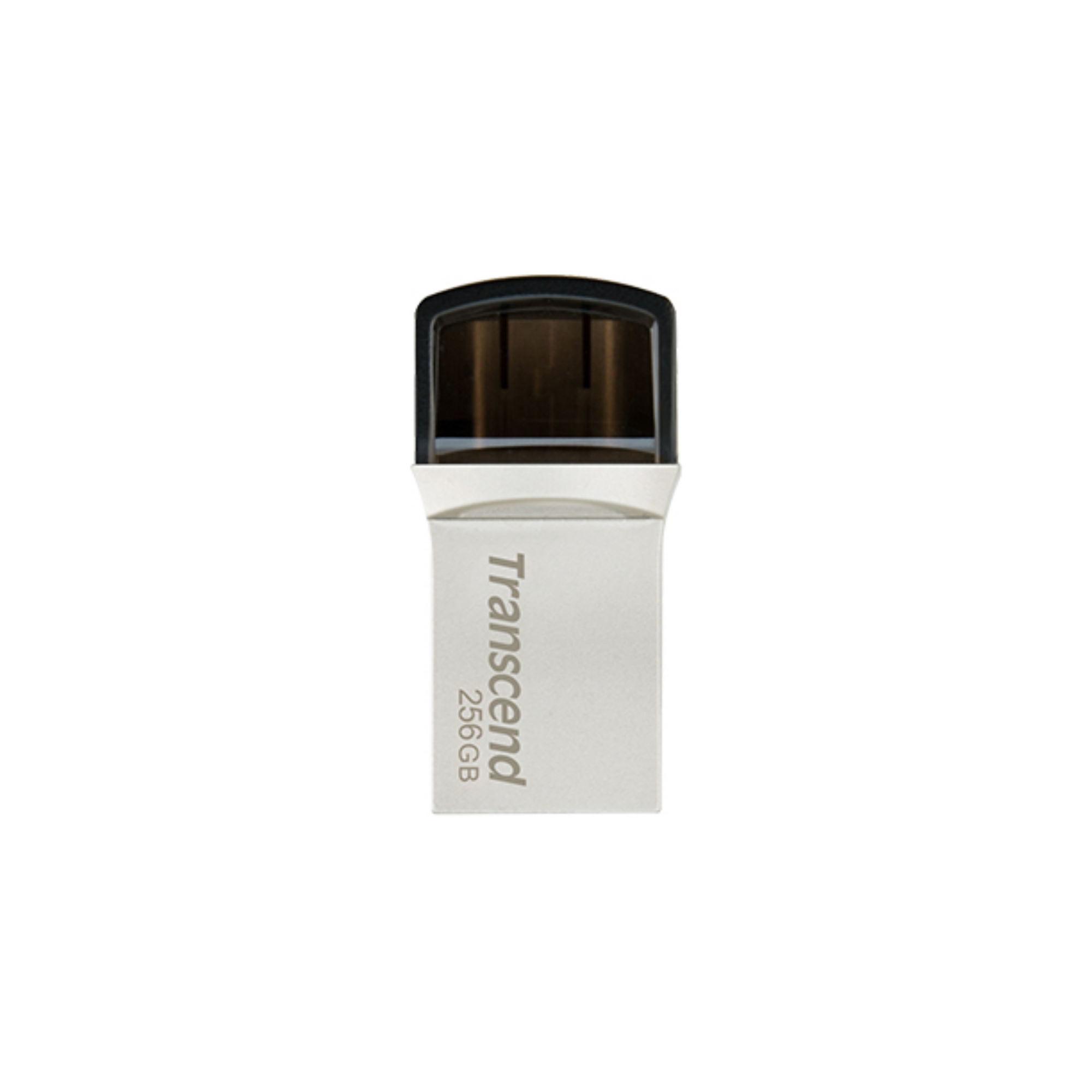 Un'unità flash USB argentata con cappuccio nero, etichettata "Transcend 256GB".