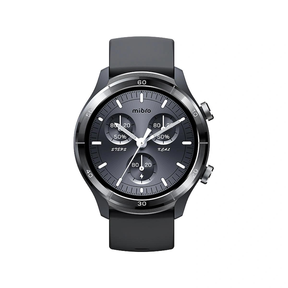 Uno smartwatch grigio con cinturino nero mostra passi e calorie sul suo schermo scuro.