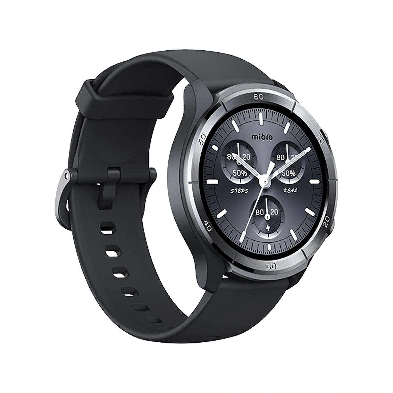 Uno smartwatch nero con quadrante grigio e lunetta argentata.