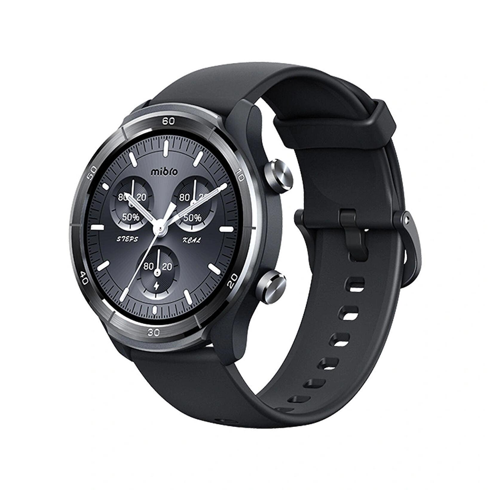 Uno smartwatch nero con quadrante rotondo che mostra passi e calorie.