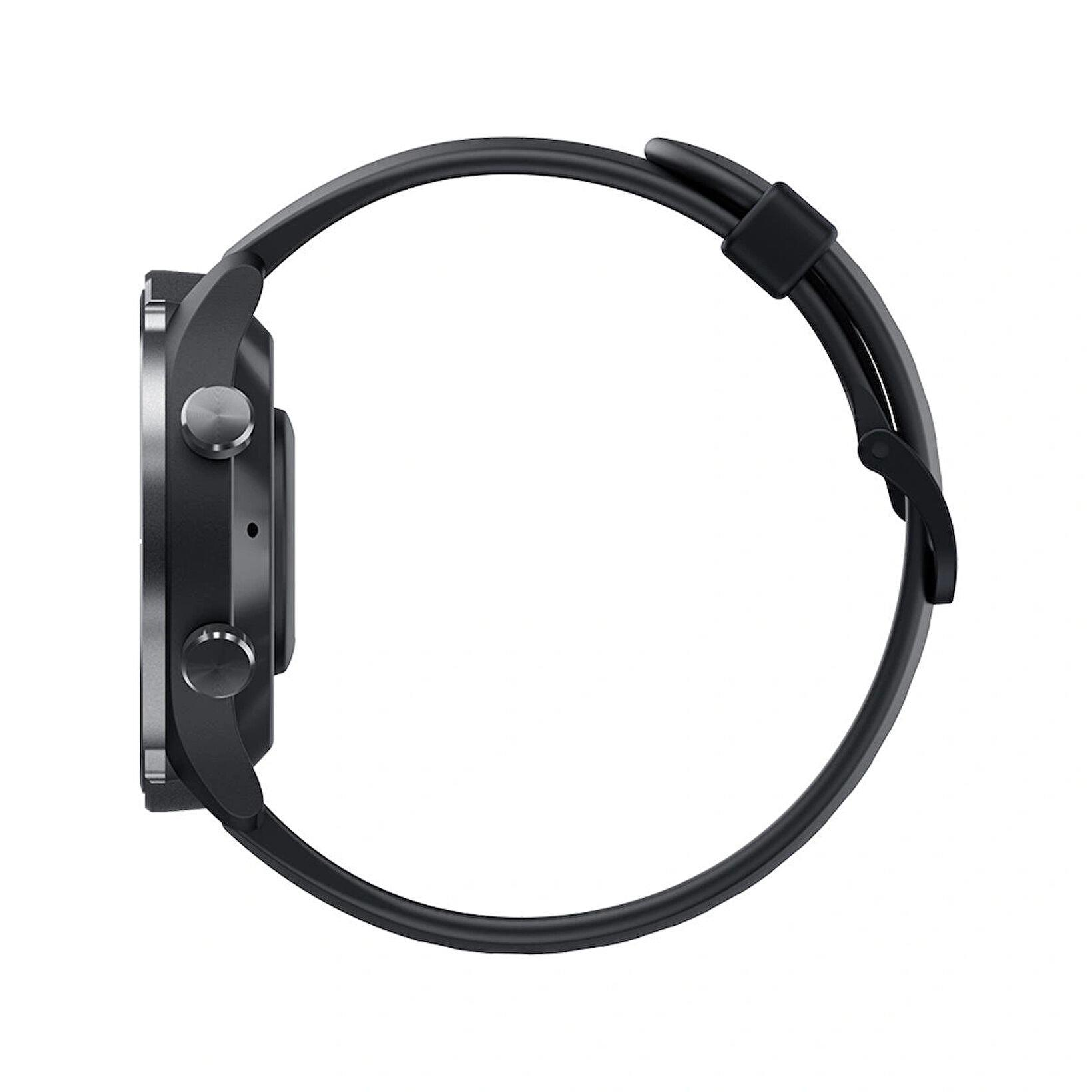 Smartwatch nero con cinturino, vista laterale. Due pulsanti sul lato destro.