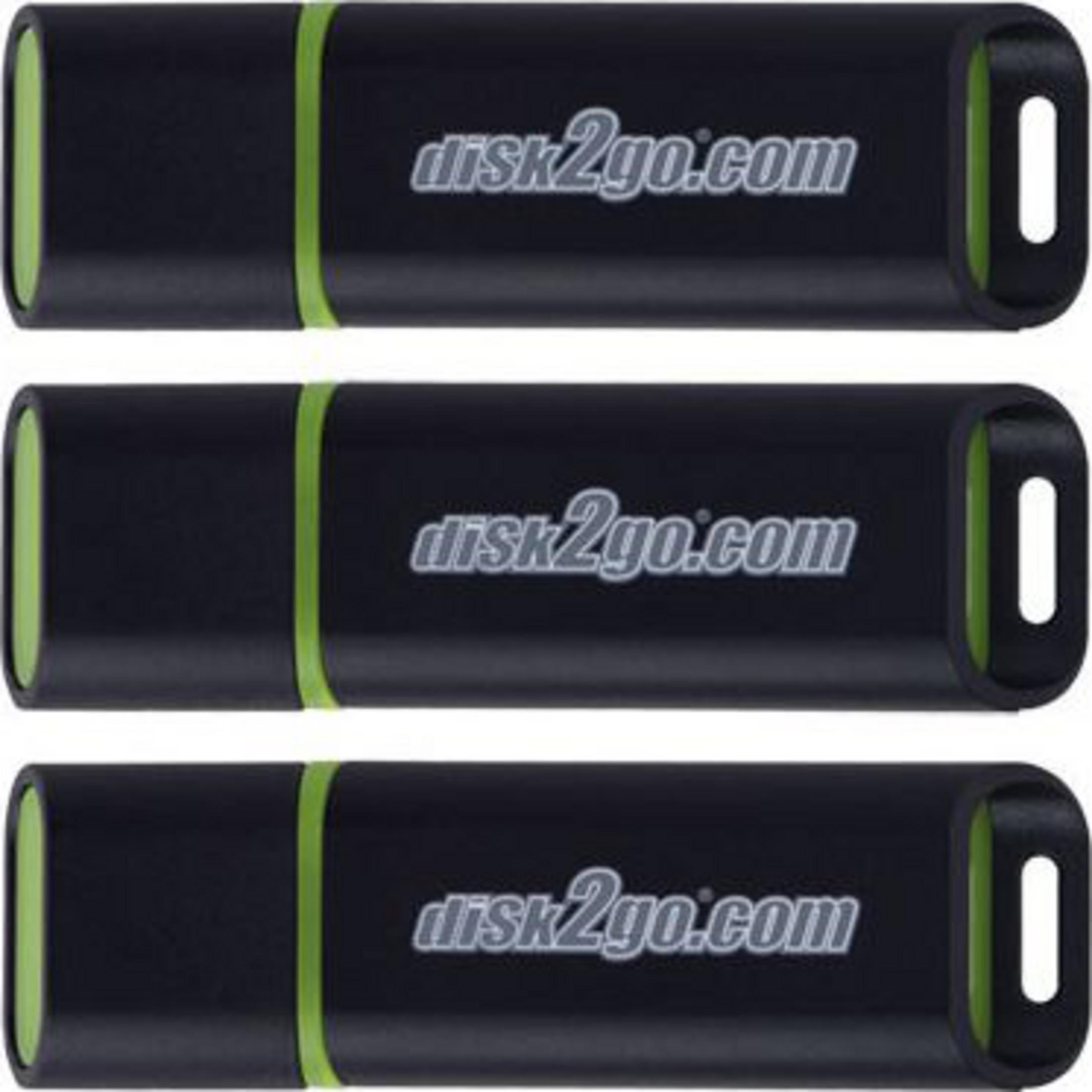 Tre chiavette USB nere con dettagli verdi e la scritta 'disk2go.com', disposte verticalmente su sfondo bianco.
