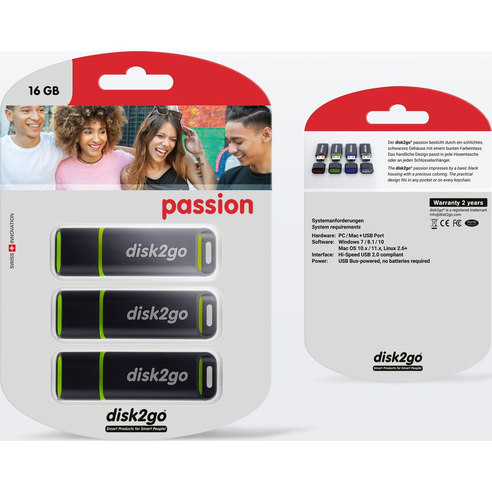 Confezione con tre chiavette USB da 16 GB, davanti con giovani sorridenti.