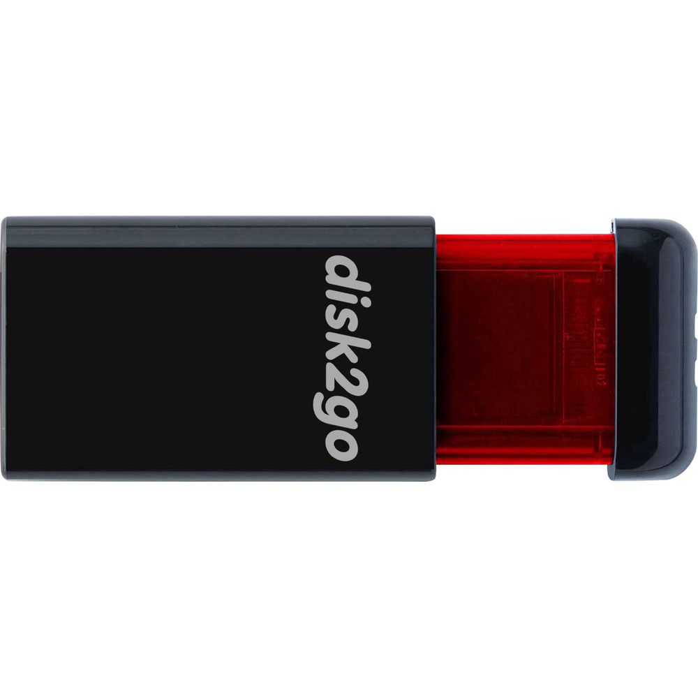 Ein schwarzer USB-Stick mit der Aufschrift "disk2go", der teilweise ein rotes, durchscheinendes Inneres zeigt.