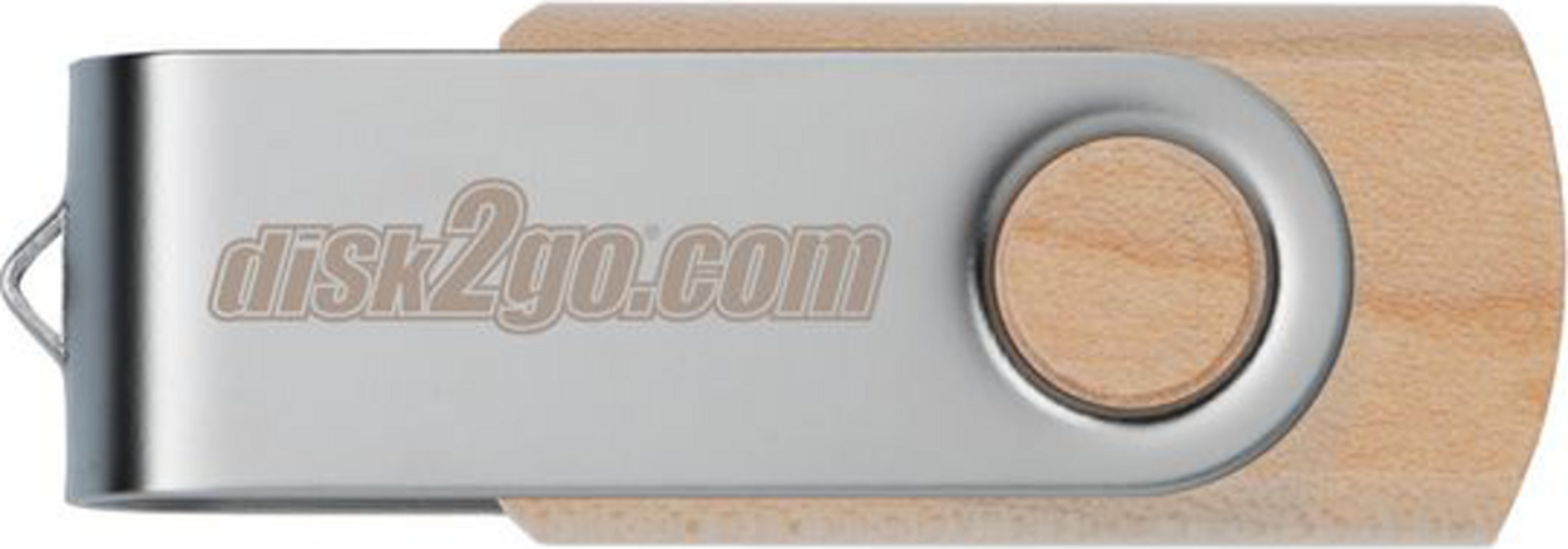 Une clé USB avec boîtier en métal et bois, arborant le logo disk2go.com.