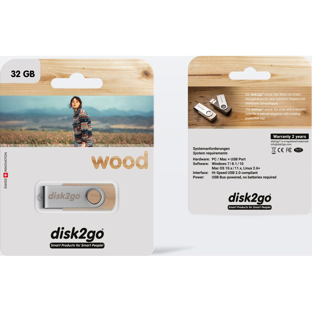 Clé USB en bois de 32 Go avec image de femme et détails du produit.