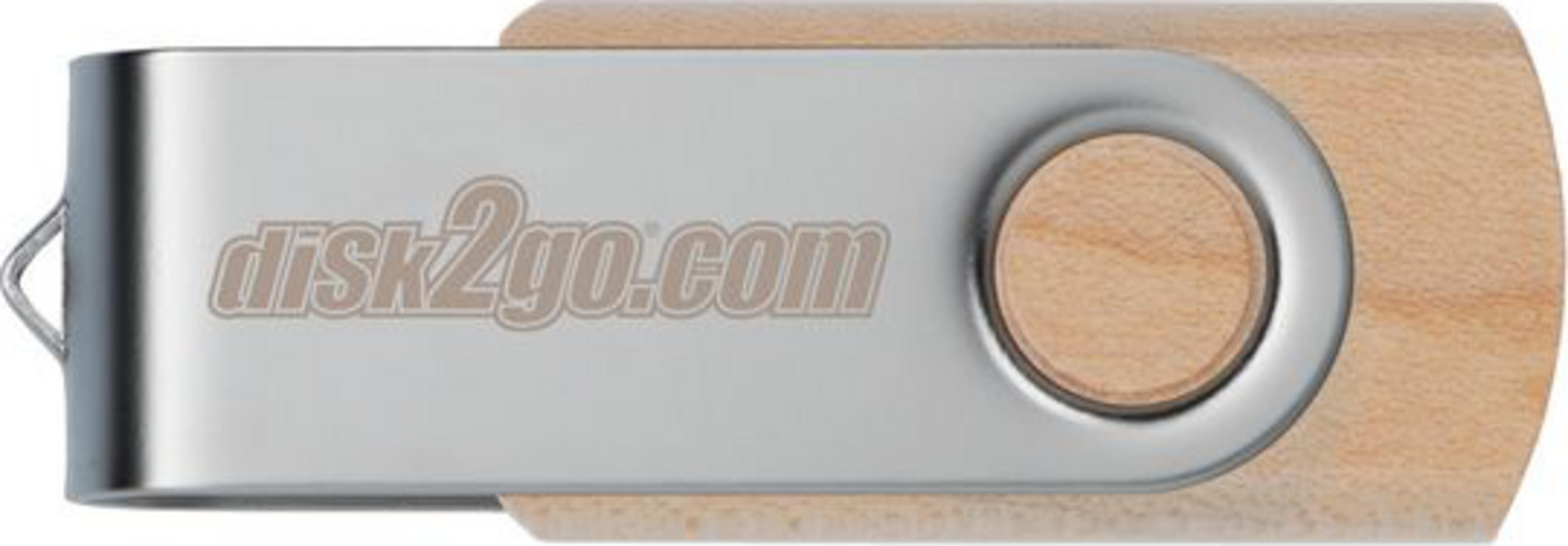 Une clé USB avec boîtier en bois et boîtier argenté avec "disk2go.com".