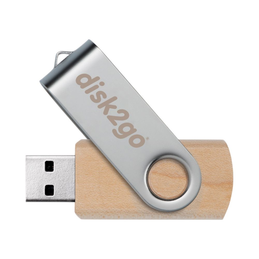 Une clé USB avec boîtier en bois et curseur argenté avec logo "disk2go".