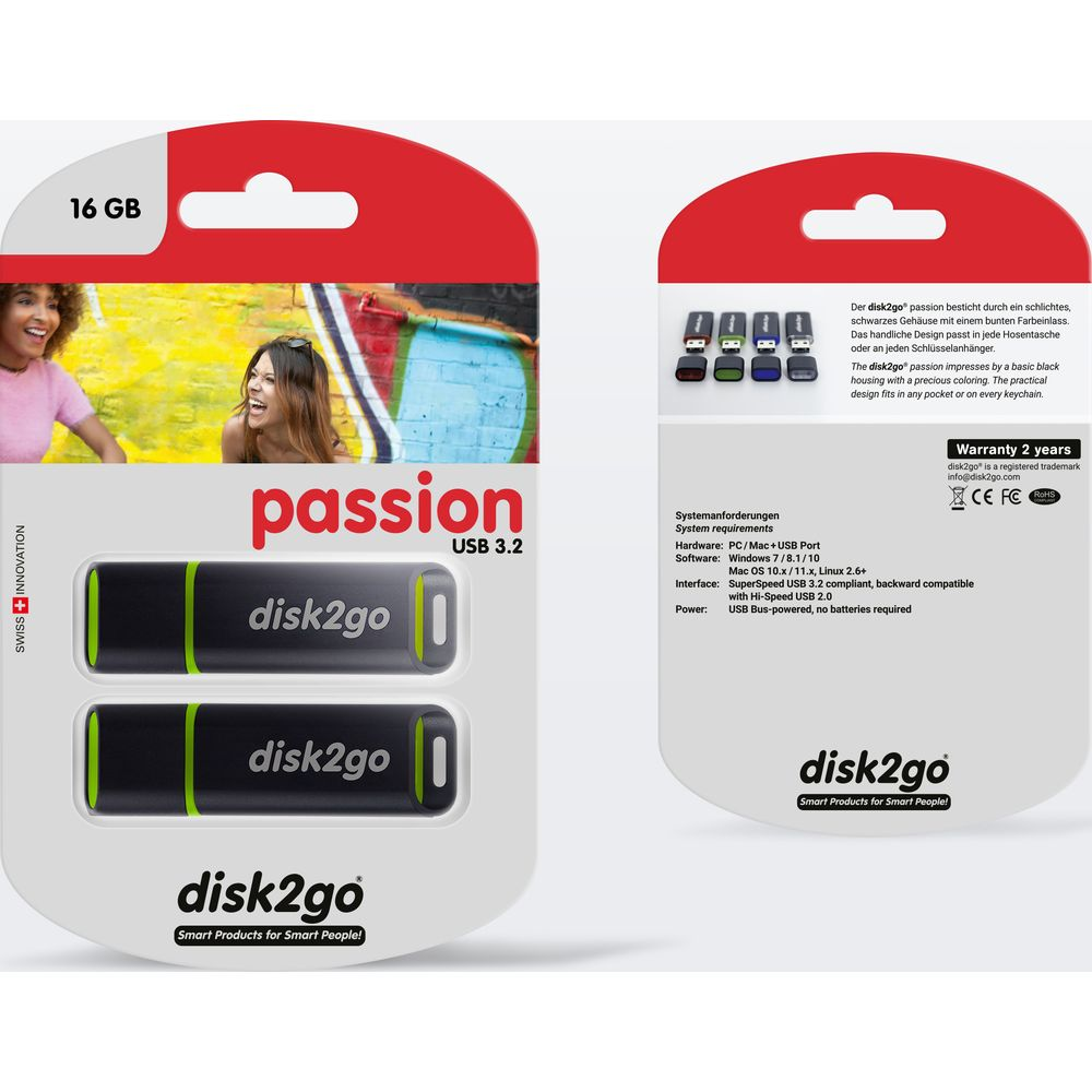 Zwei schwarze USB-Sticks mit grünen Akzenten, 16 GB, auf Verpackung mit bunten Grafiken.
